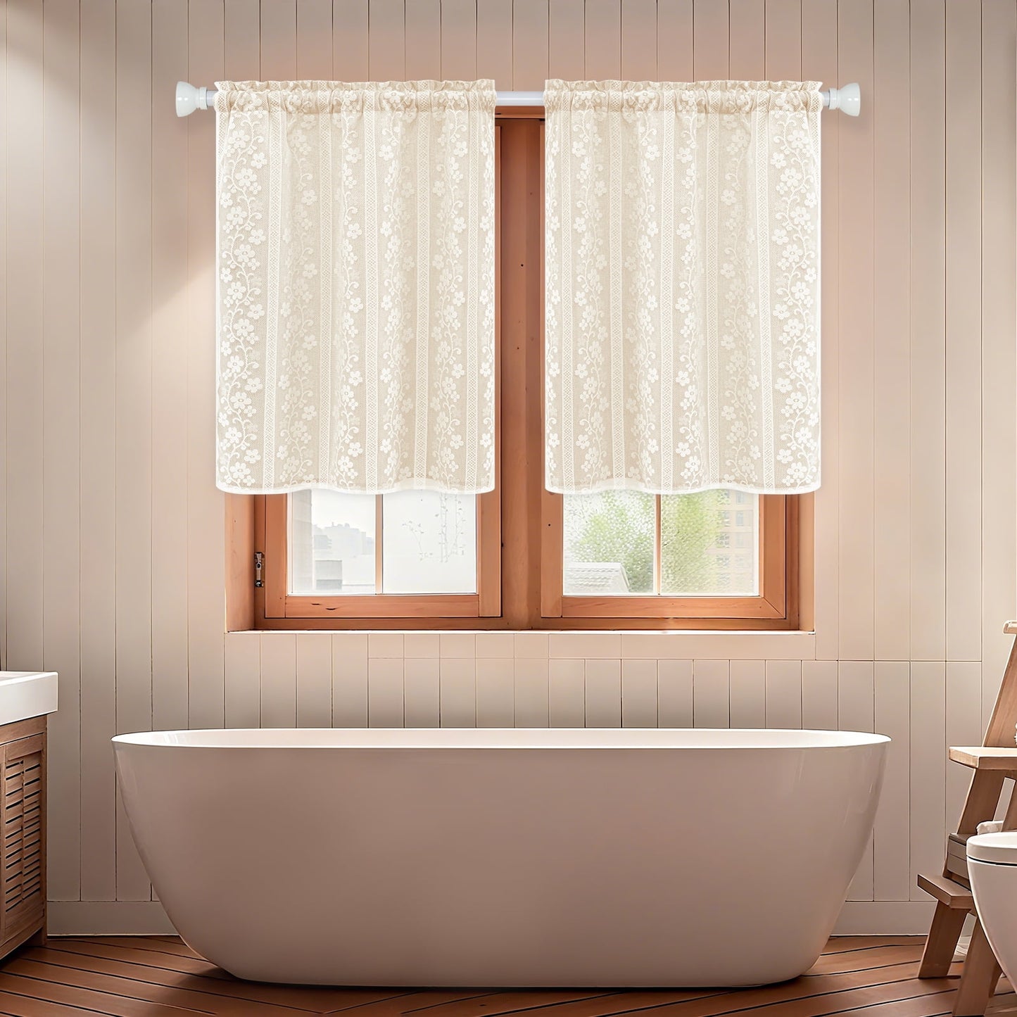 Alishomtll Beige Linen Curtains with Lace Sheer 84 Inches Long, Double Layer Light Filtering Window Drapes for Bedroom Living Room,W52 X L84,2 Panels