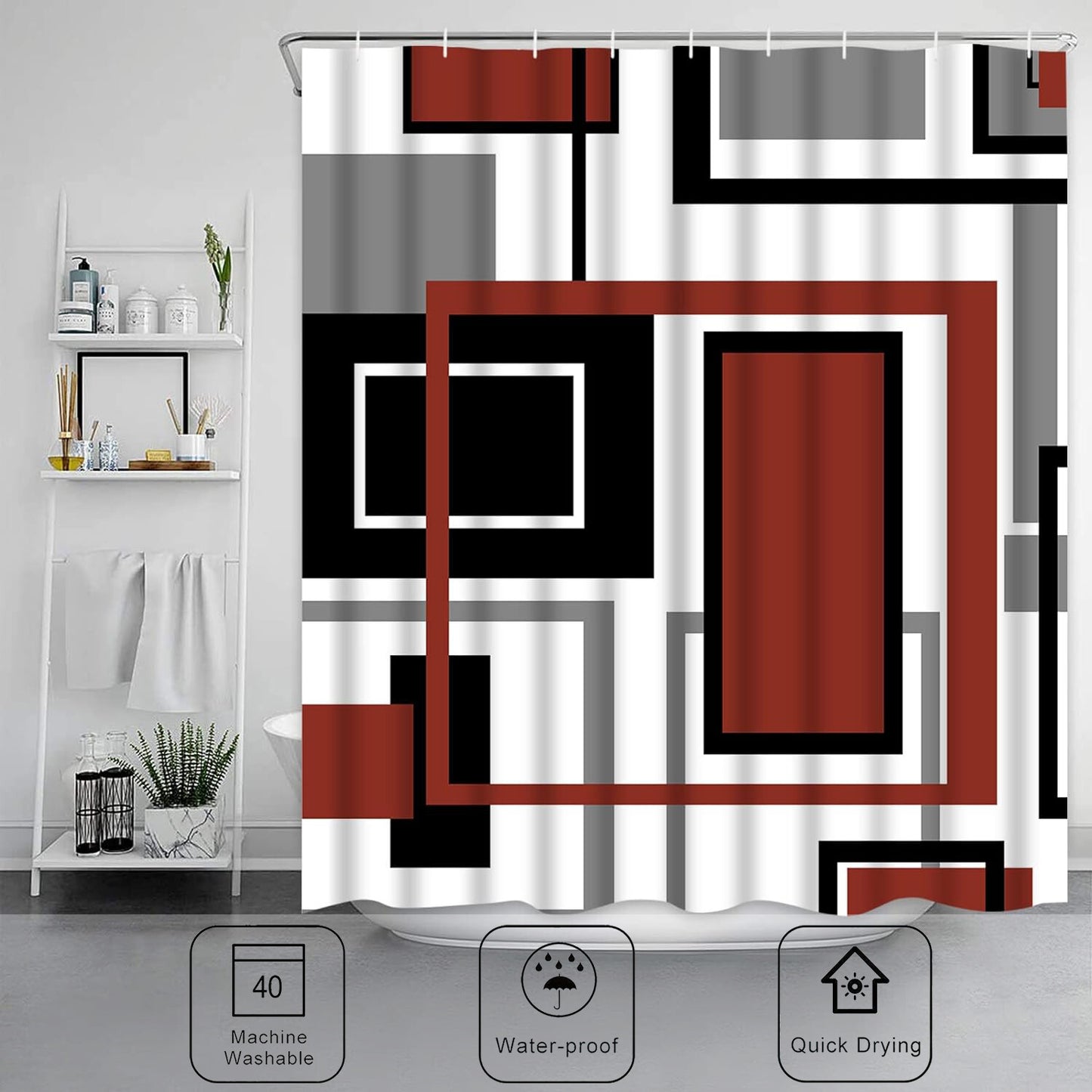FRAMICS Red Black Geometric Shower Curtain and Rug Sets, 16 Pc Modern Abstract Bathroom Sets, Waterproof Fabric Shower Curtain with 12 Hooks and Toilet Rugs