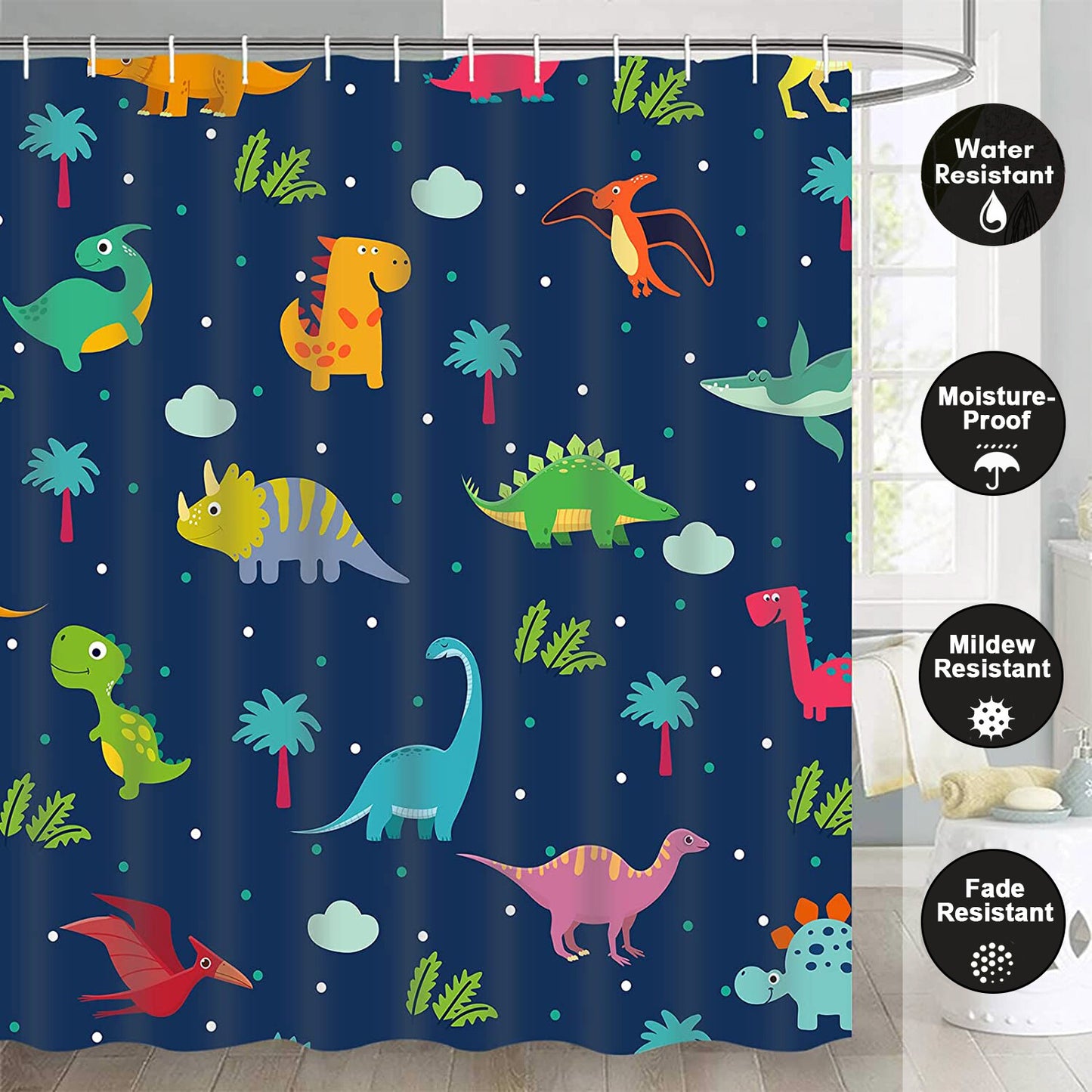 FRAMICS 16 Pc Kids Cartoon Dinosaur Shower Curtain and Rug Sets, Blue Cute Bathroom Sets, Waterproof Fabric Shower Curtain with 12 Hooks and Toilet Rugs