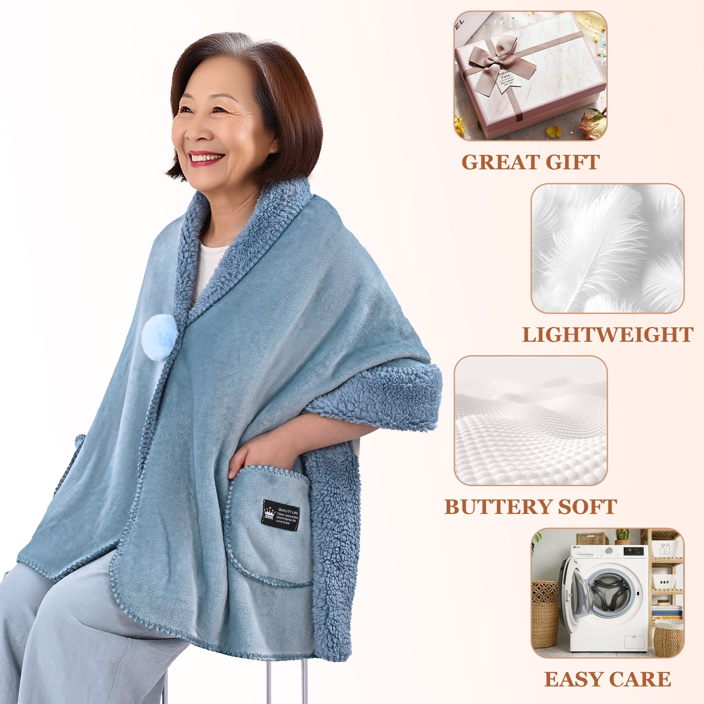 MecTo Wearable Blanket -Drape and Go No Sleeves- Lightweight Warm Wrap Shawl - Lap Blanket - Gift for Grandma and Mom