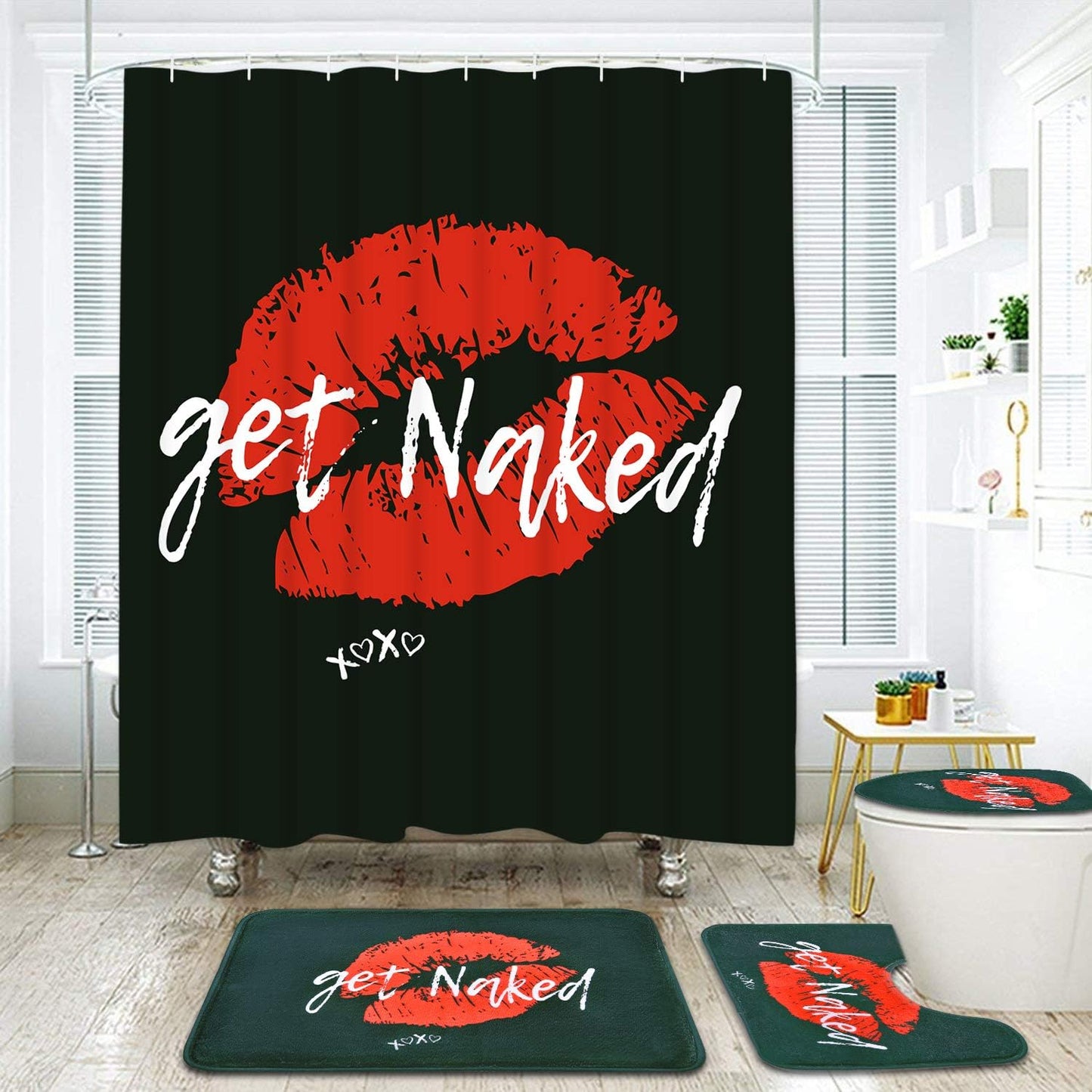 FRAMICS Red Sexy Lips Shower Curtain and Rug Sets, 16-Piece Get Naked Bathroom Shower Curtain Sets, Waterproof Fabric Shower Curtain with 12 Hooks and Toilet Rugs