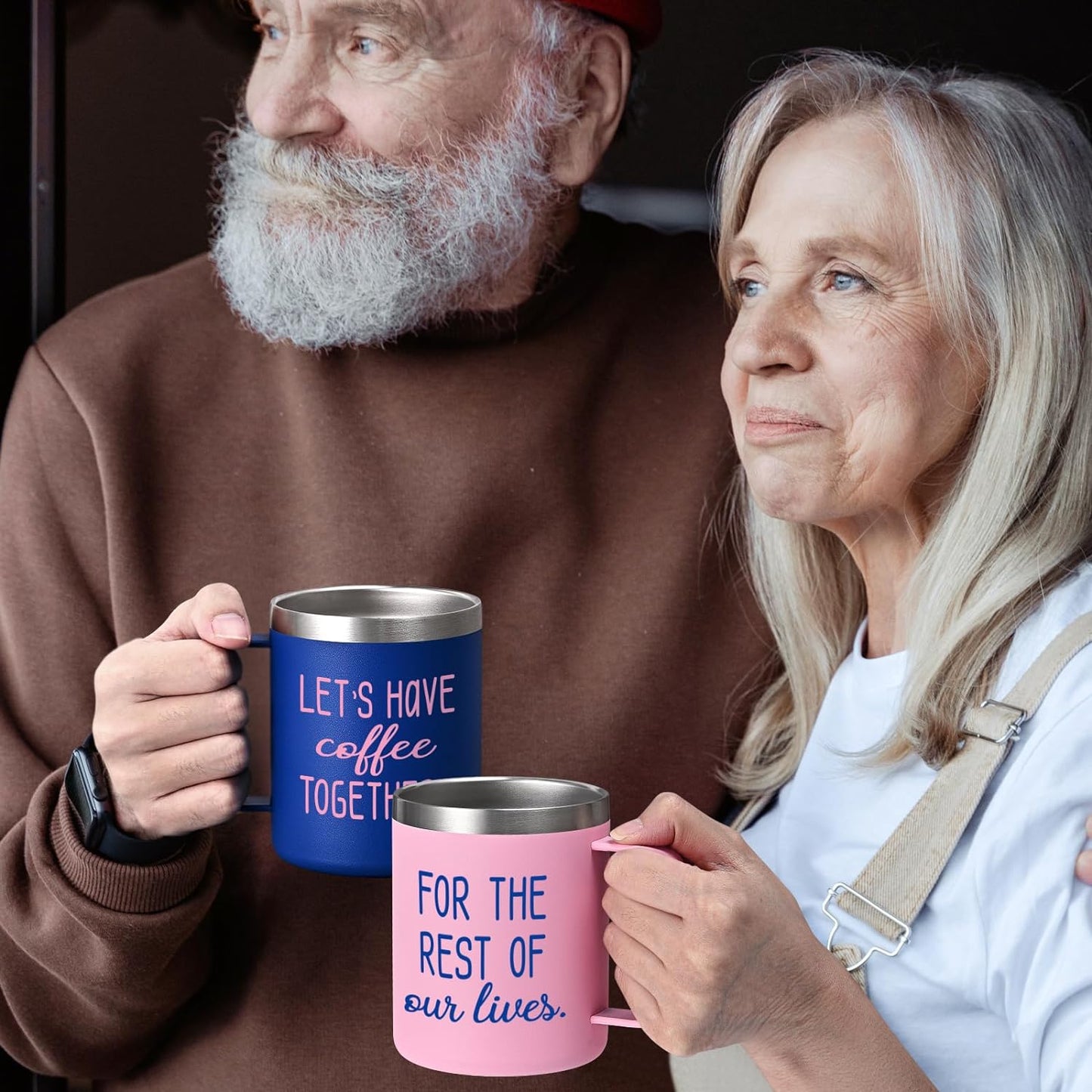 Gingprous "Lets Have Coffee Together For The Rest Of Our Lives " Stainless Steel Tumbler Set , 12 oz Vacuum Insulated Tumblers, Engagement Mr and Mrs Wedding Gift for Couple, Blue & Pink