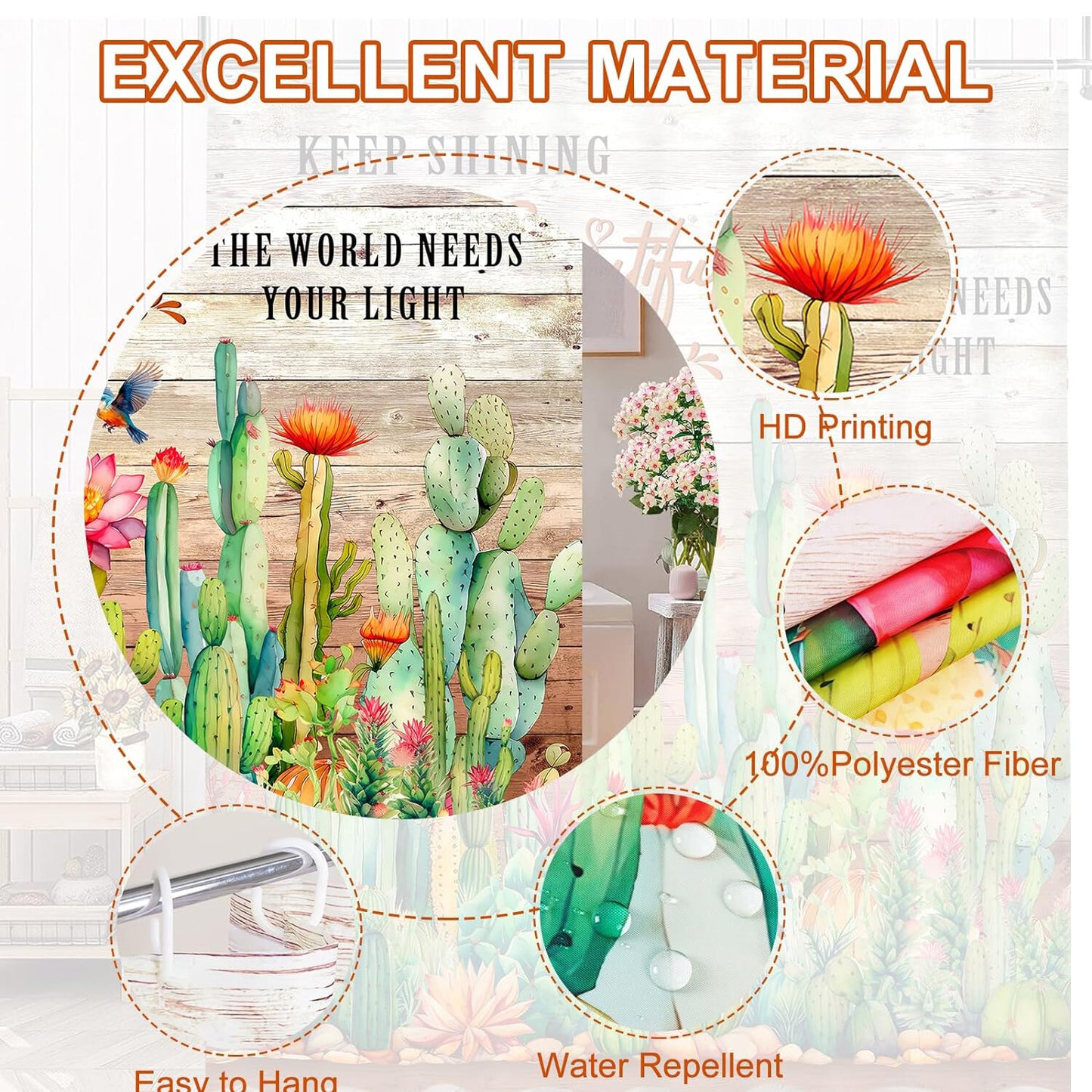 FRAMICS 15 Pc Cactus Shower Curtain Sets, Tropical Succulent Bathroom Sets with Non-Slip Rugs, Rustic Wooden Board Waterproof Fabric Shower Curtain with Bath Mat and 12 Hooks