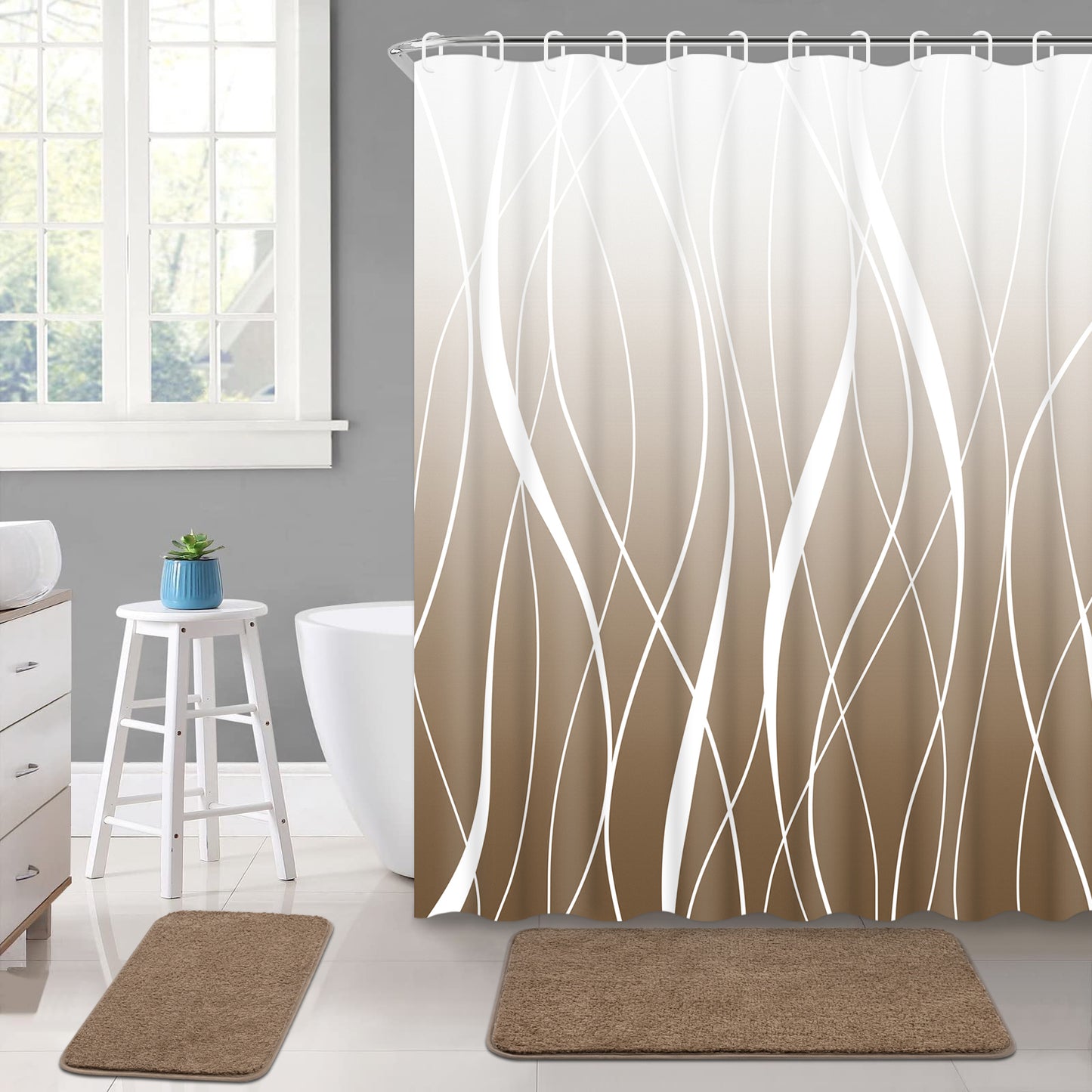 FRAMICS 15-Piece Ombre Brown Bathroom Sets with Shower Curtain and Rugs, Waterproof Fabric Striped Gradient Shower Curtain Sets, 72" x 72"
