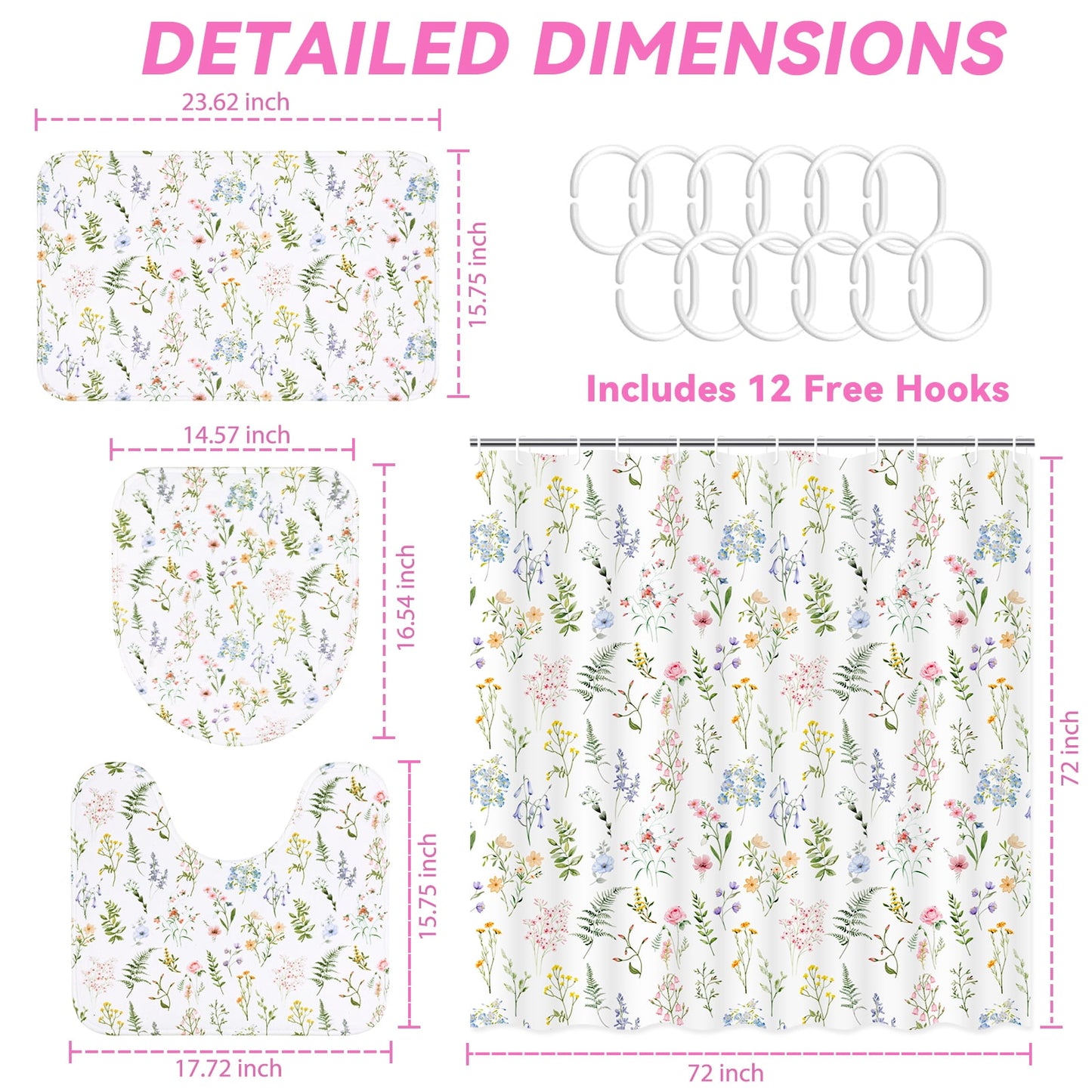 FRAMICS Watercolor Floral Shower Curtain Sets with Rugs, Colorful Wildflower Bathroom Sets with Hooks, Waterproof Fabric Bathroom Curtains, Machine Washable