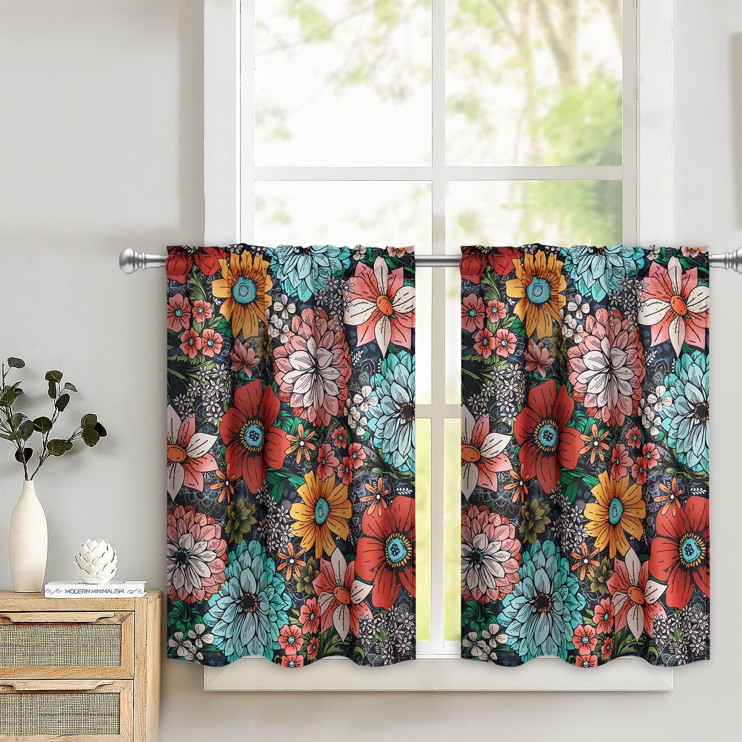 Alishomtll Boho Floral Print Kitchen Curtains 36 Length Sets for Small Window,2 Panels,Rod Pocket