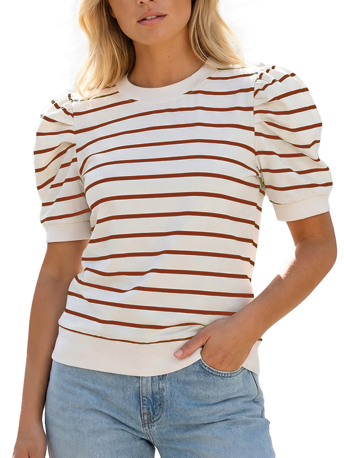 Gingprous Womens Puff Short Sleeve Striped Knit Top Casual Crewneck Blouse for Spring Summer