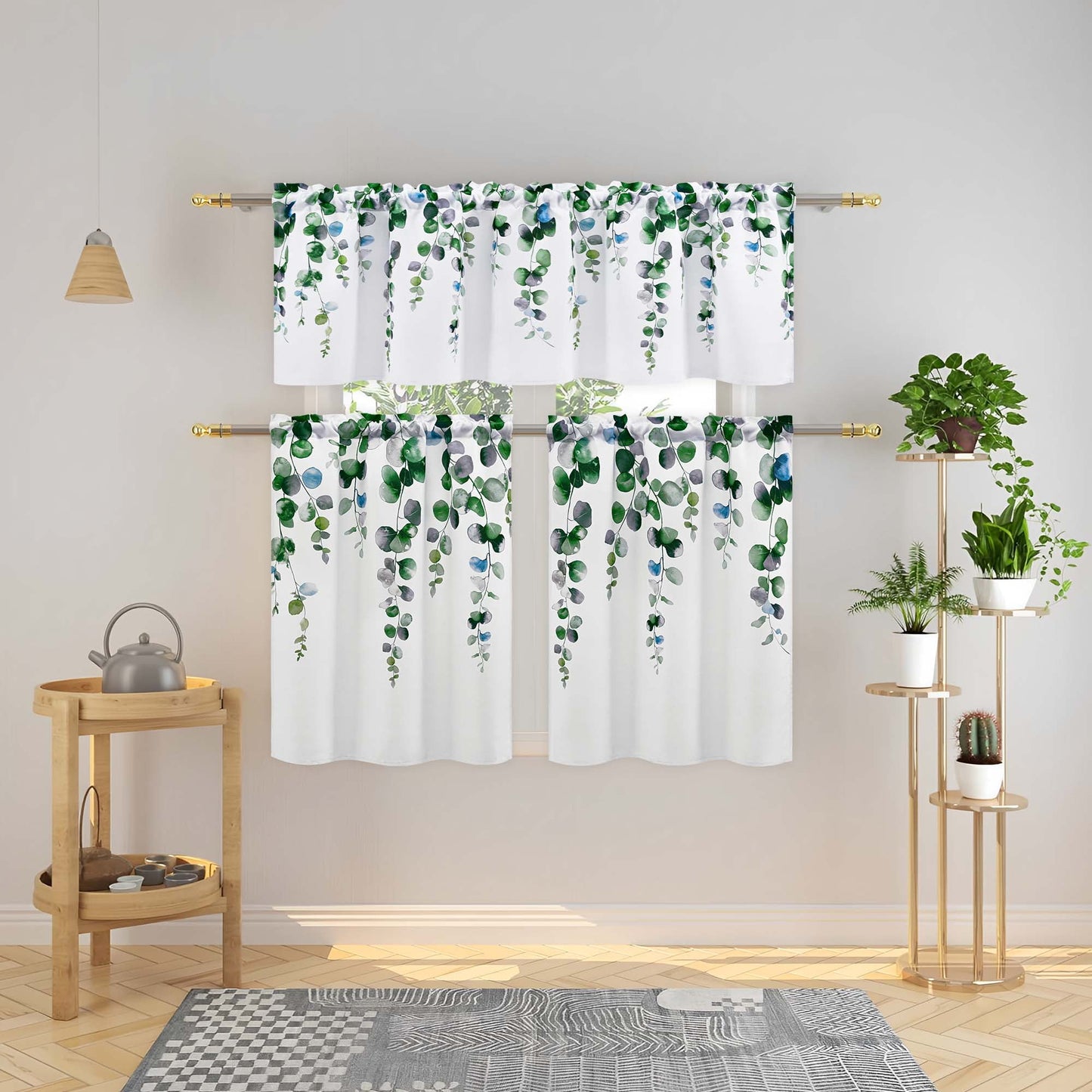 Alishomtll Kitchen Curtains and Valances Sets Grey Green Watercolor Leaves Print Kitchen Curtains 3 Piece Set 36 Inches Long,Rod Pocket