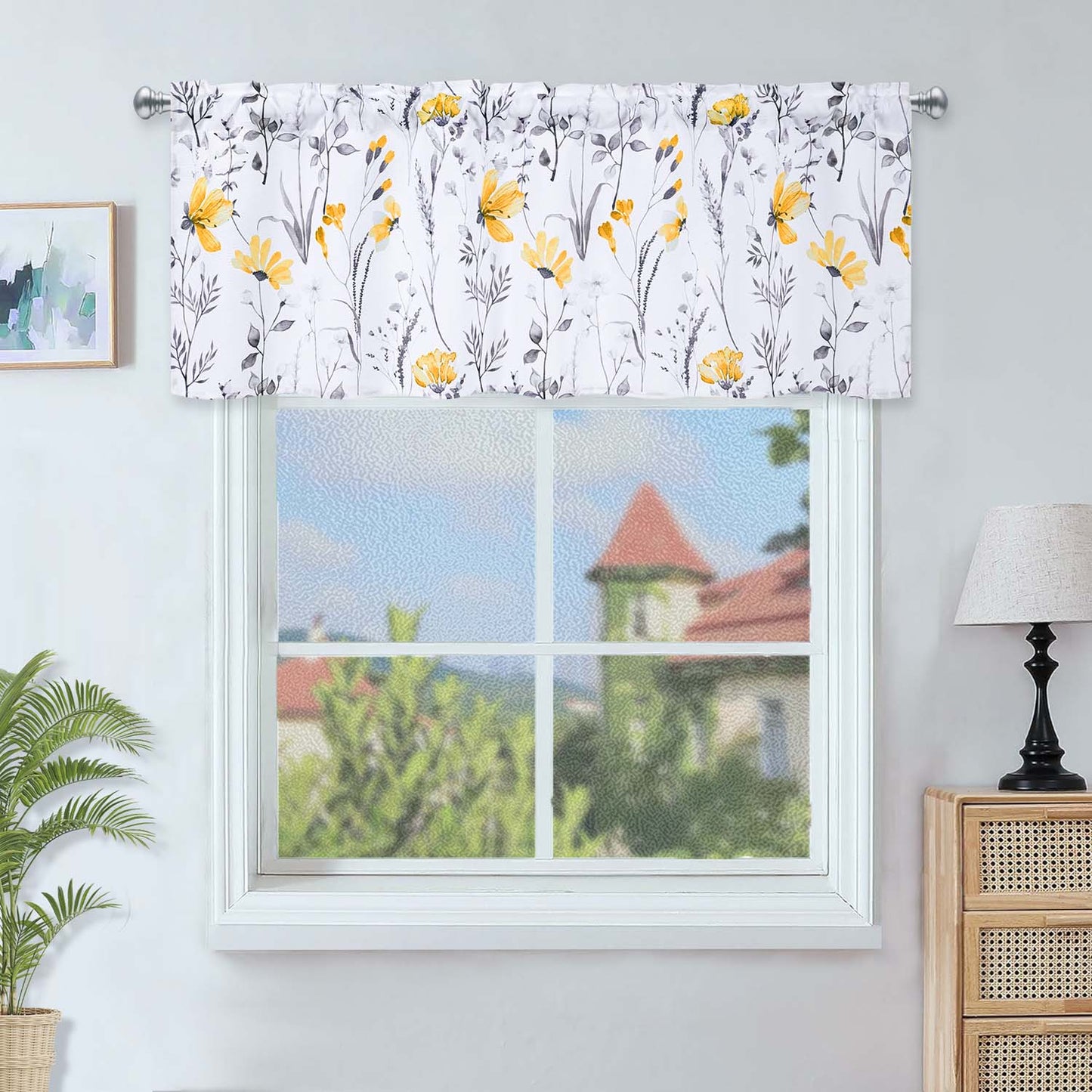 Alishomtll Valance Curtains Yellow Flower Floral Print Valances for Windows Rod Pocket,52W" x 18L"