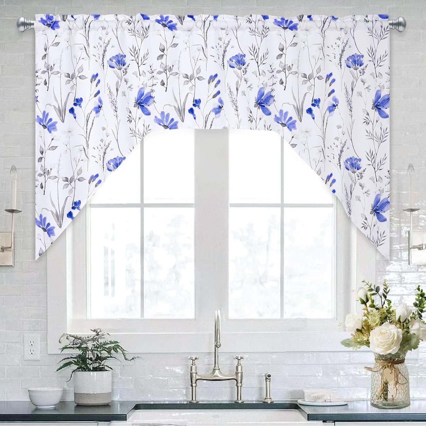 Alishomtll Kitchen Curtains Blue Floral Valance Swag Curtains Watercolor Flower Window Drapes,61" W x 36" L,Rod Pocket
