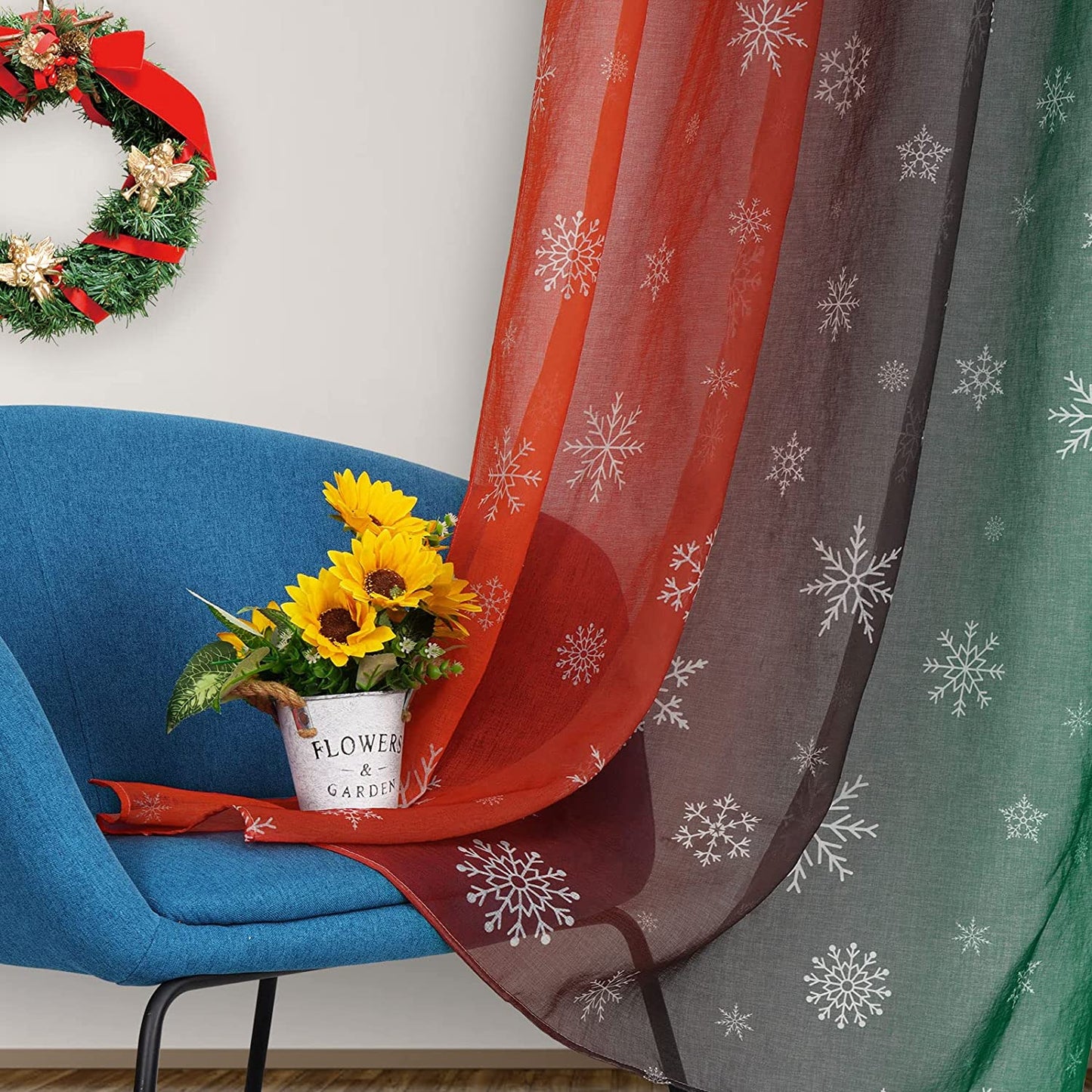 Alishomtll Christmas Sheer Voile Curtain, Light Filtering Grommet Drapes for Bedroom ,2 Panels of 52"w x 84", Red-Green Gradient