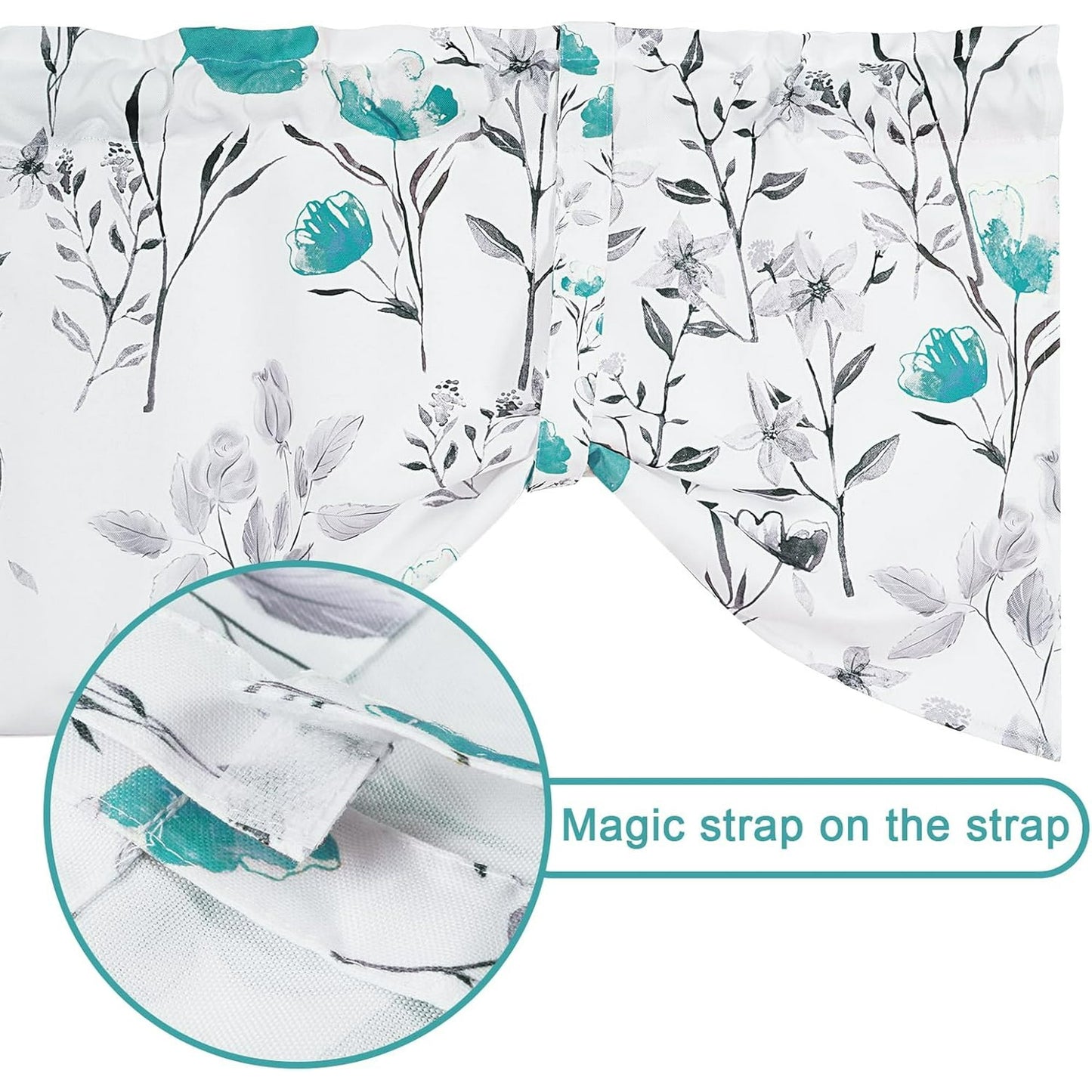 Alishomtll Teal Gray Watercolor Floral Printed Tie Up Valances Curtains Window Drapes, 54 x 18 Inch
