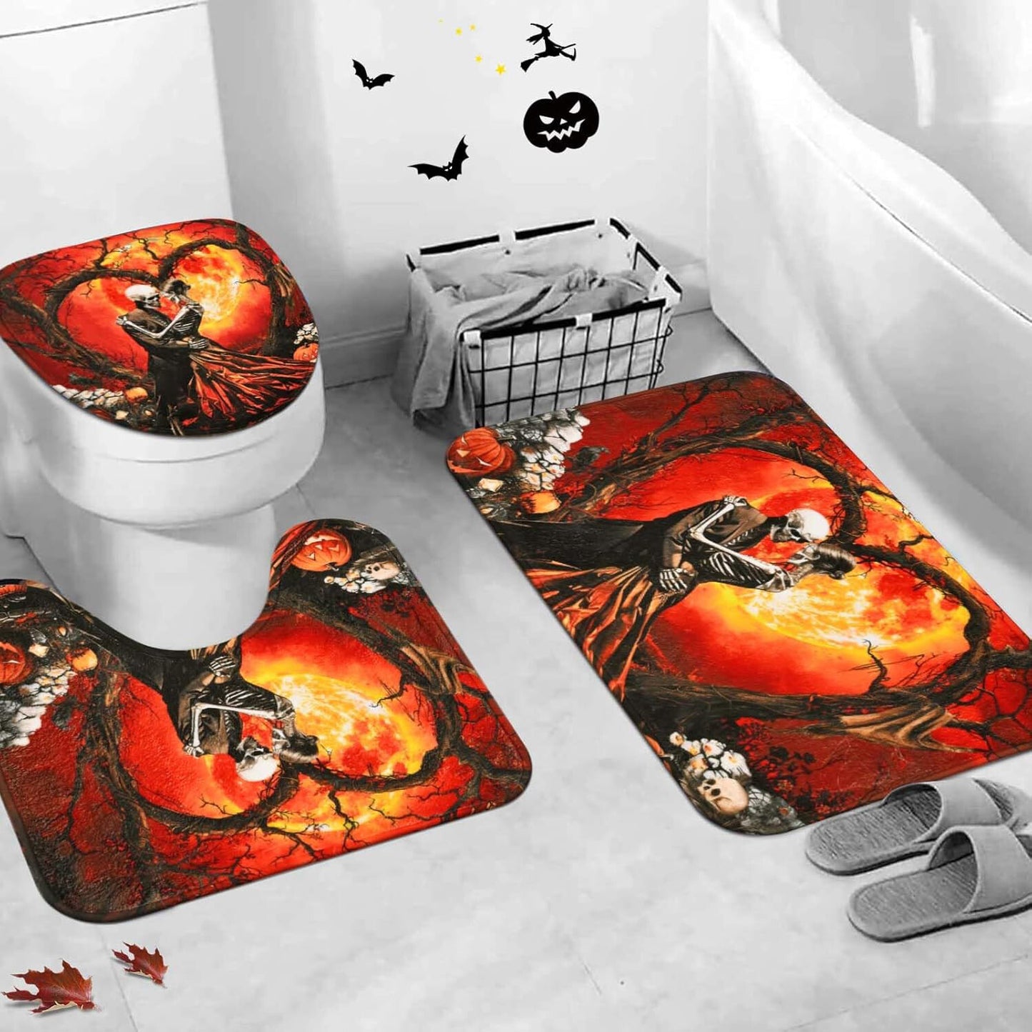 FRAMICS Halloween Skull Shower Curtain Sets with Rugs, 16 Pc Horror Skeleton Couple Bathroom Sets, Orange Waterproof Fabric Bathroom Curtain Decor with Hooks