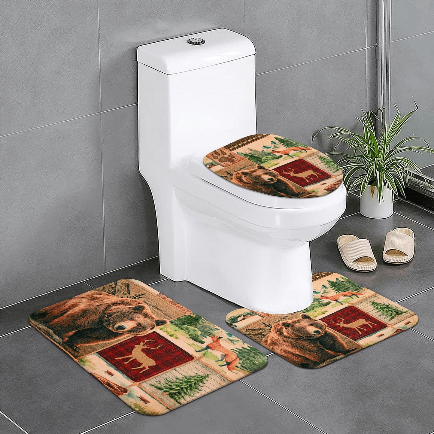 FRAMICS 16 Pc Rustic Bear Shower Curtain Sets with Rugs, Farmhouse Country Cabin Bathroom Sets, Brown Deer Waterproof Fabric Shower Curtain with 12 Hooks and Toilet Rugs