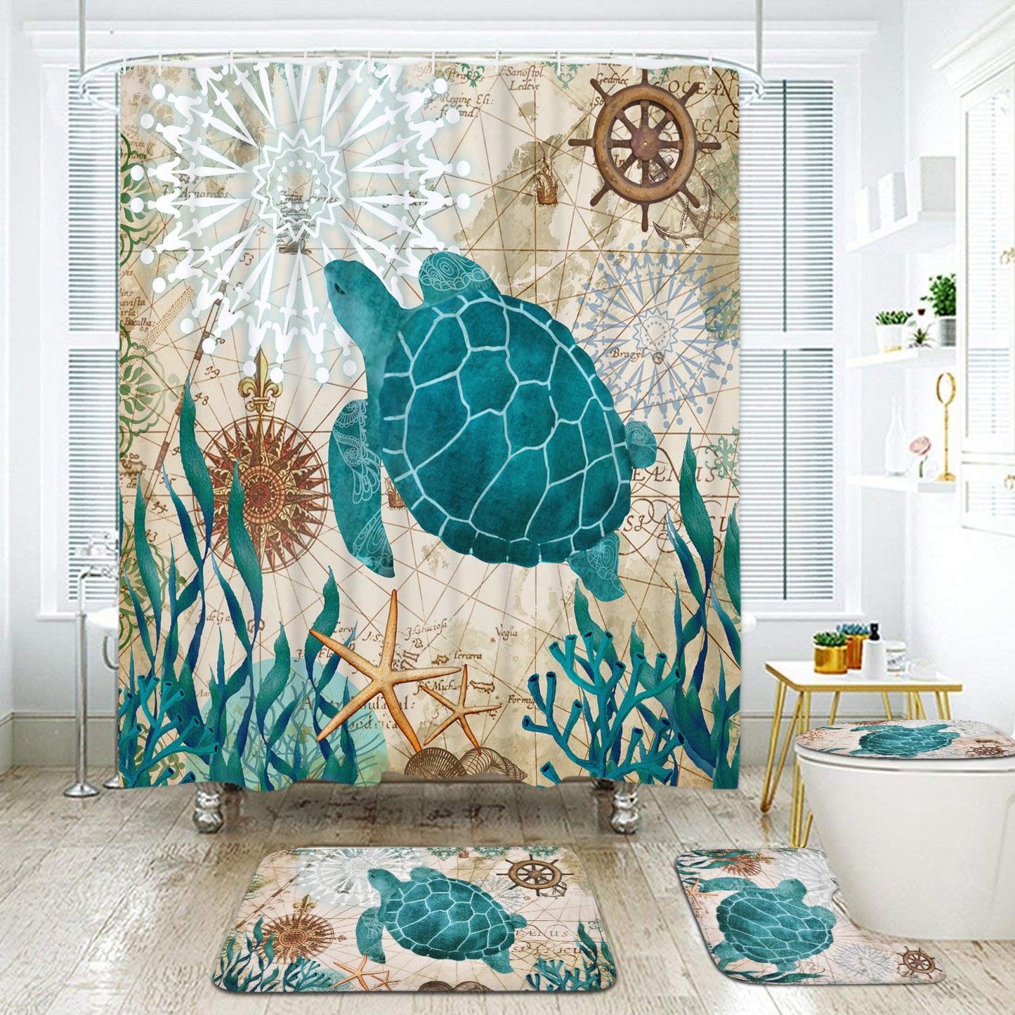 FRAMICS Sea Turtle Shower Curtain and Rug Sets, 16 Pc Blue Nautical Ocean Bathroom Sets, Waterproof Fabric Shower Curtain with 12 Hooks and Toilet Rugs