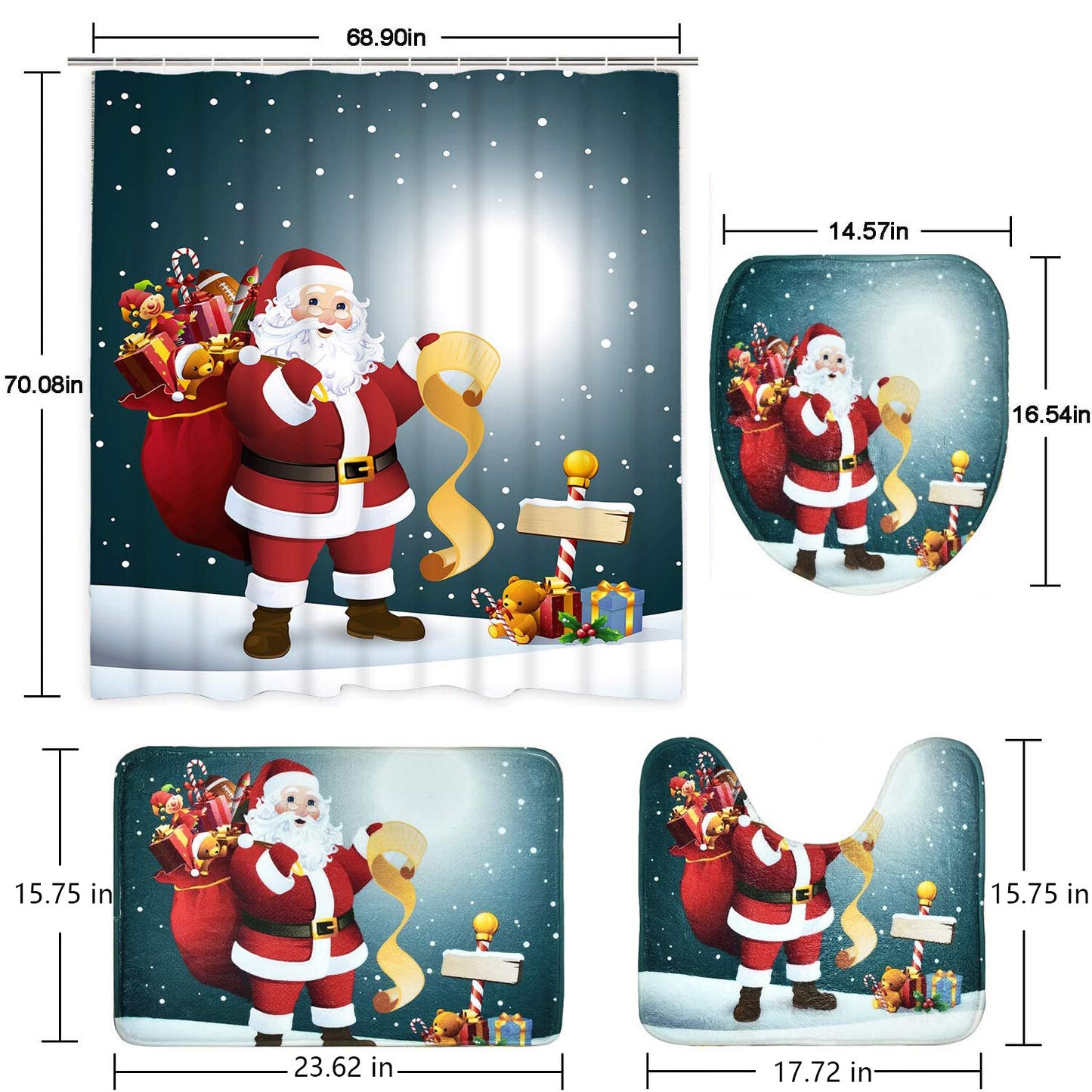 FRAMICS Merry Christmas Shower Curtain Sets with Rugs, Santa Claus Bathroom Decor Set, Blue Xmas Waterproof Fabric Shower Curtain with 12 Hooks and Toilet Rugs