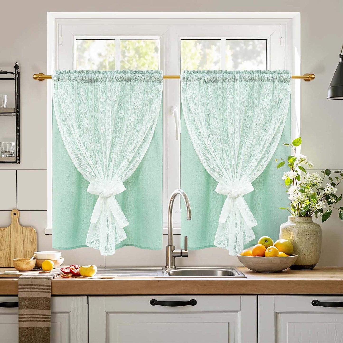Alishomtll Beige Linen Curtains with Lace Sheer 84 Inches Long, Double Layer Light Filtering Window Drapes for Bedroom Living Room,W52 X L84,2 Panels