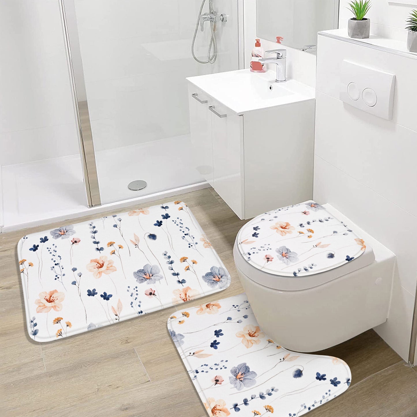 FRAMICS Watercolor Floral Shower Curtain Sets with Rugs, 16 Pc Blue Beige Flower Bathroom Sets, Minimalist White Waterproof Fabric Bathroom Curtain Decor with Hooks