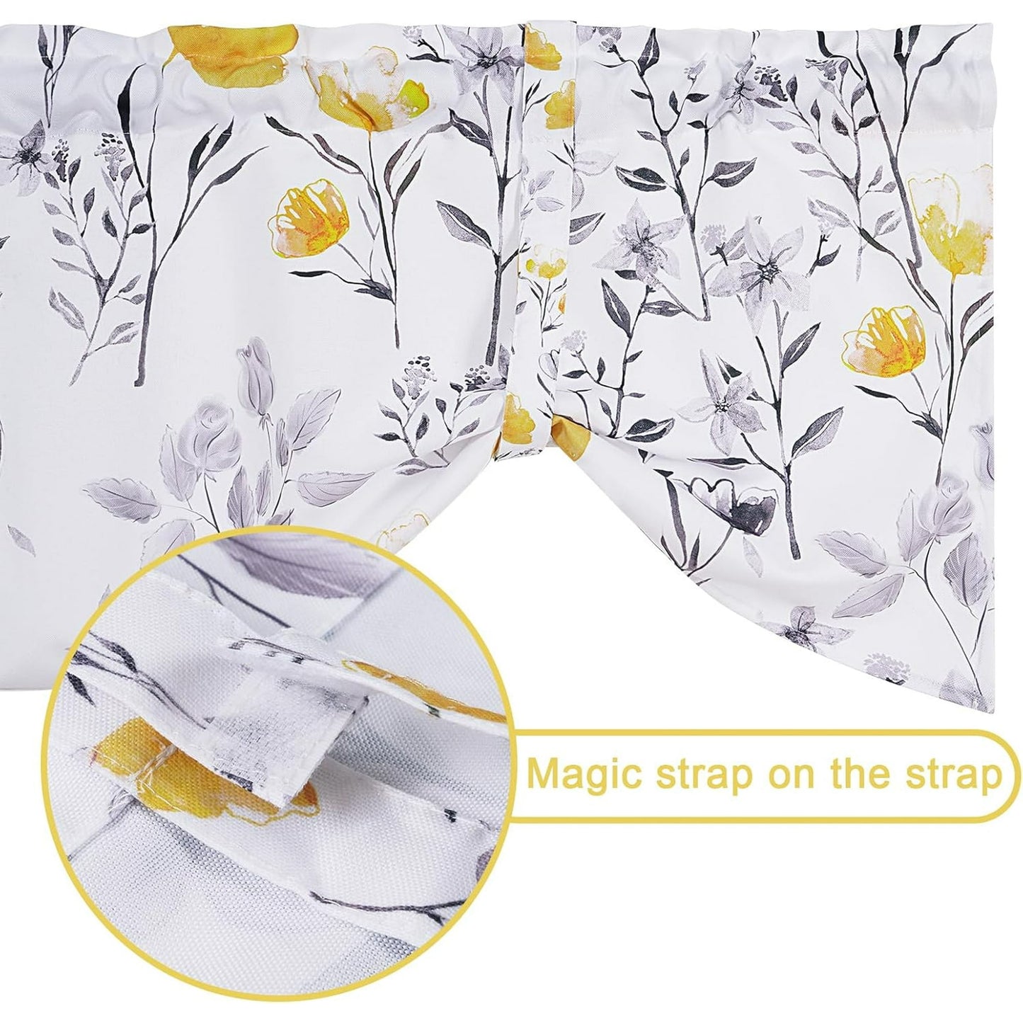 Alishomtll Yellow Gray Watercolor Floral Printed Tie Up Valances Curtains Window Drapes, 54 x 18 Inch