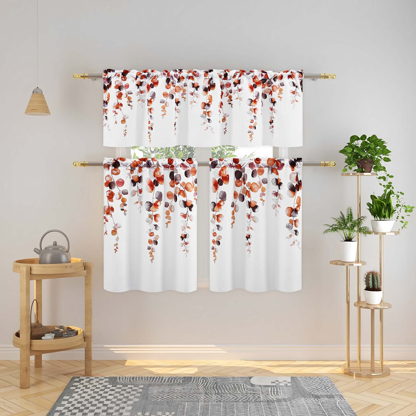 Alishomtll Fall Autumn Valance Curtains for Living Room Bedroom Kitchen Windows Grey Orange Watercolor Leaves Print ,52 x 18 inch,Rod Pocket