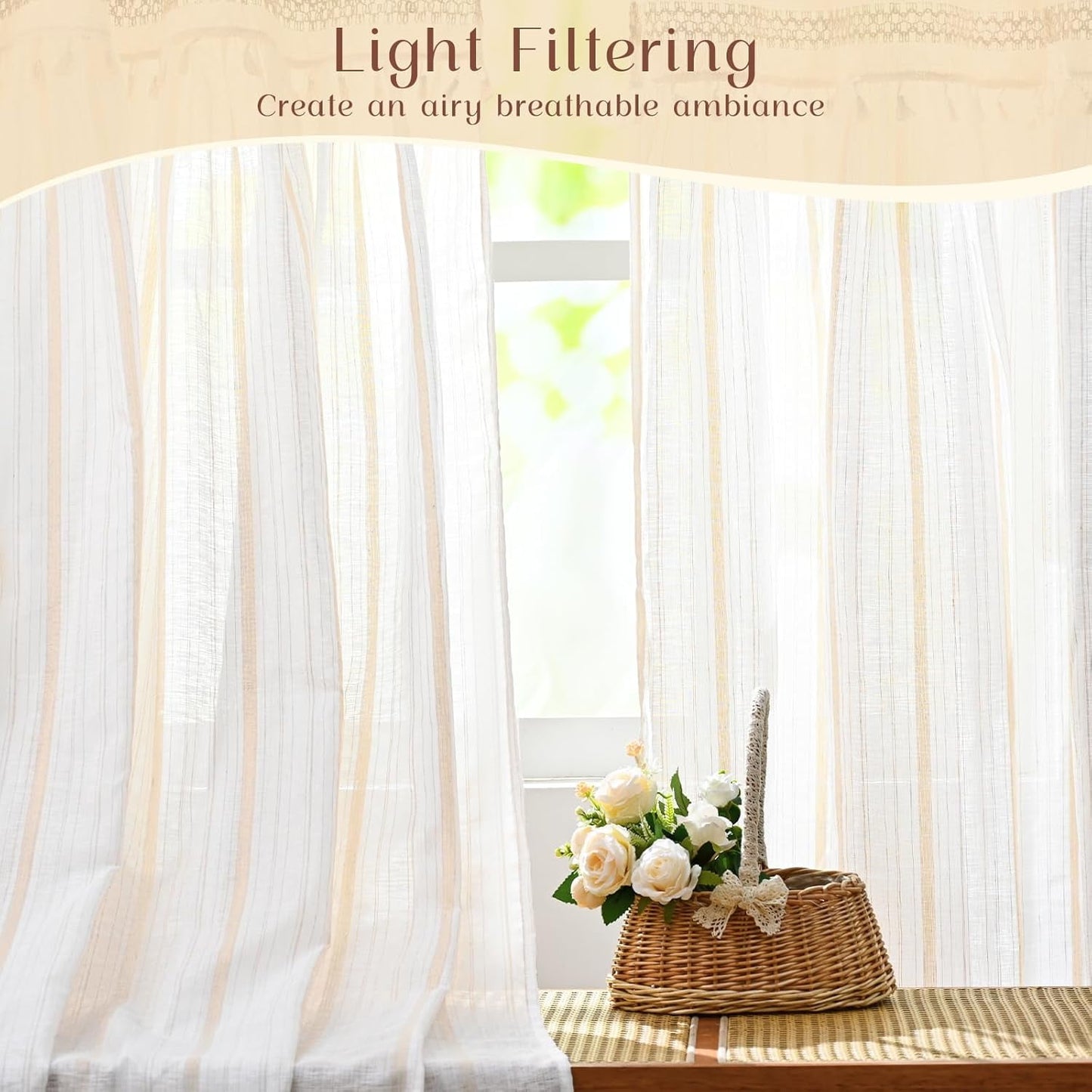 Alishomtll Boho Linen Light Filtering Curtains 84 Inches Long Farmhouse Rustic Striped Drapes Macrame Burlap ,Rod Pocket ,Beige ,with Tassel