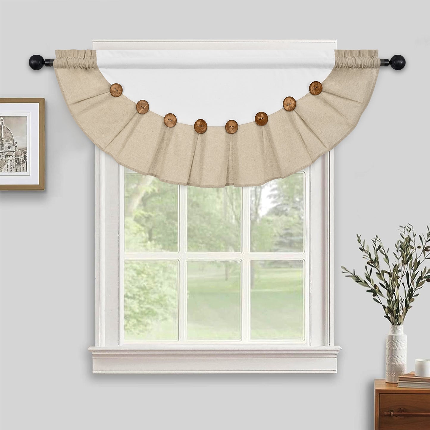 Alishomtll Linen Valance Farmhouse Boho Button Kitchen Curtains ,Rod Pocket,18"L x 52"W, White Linen