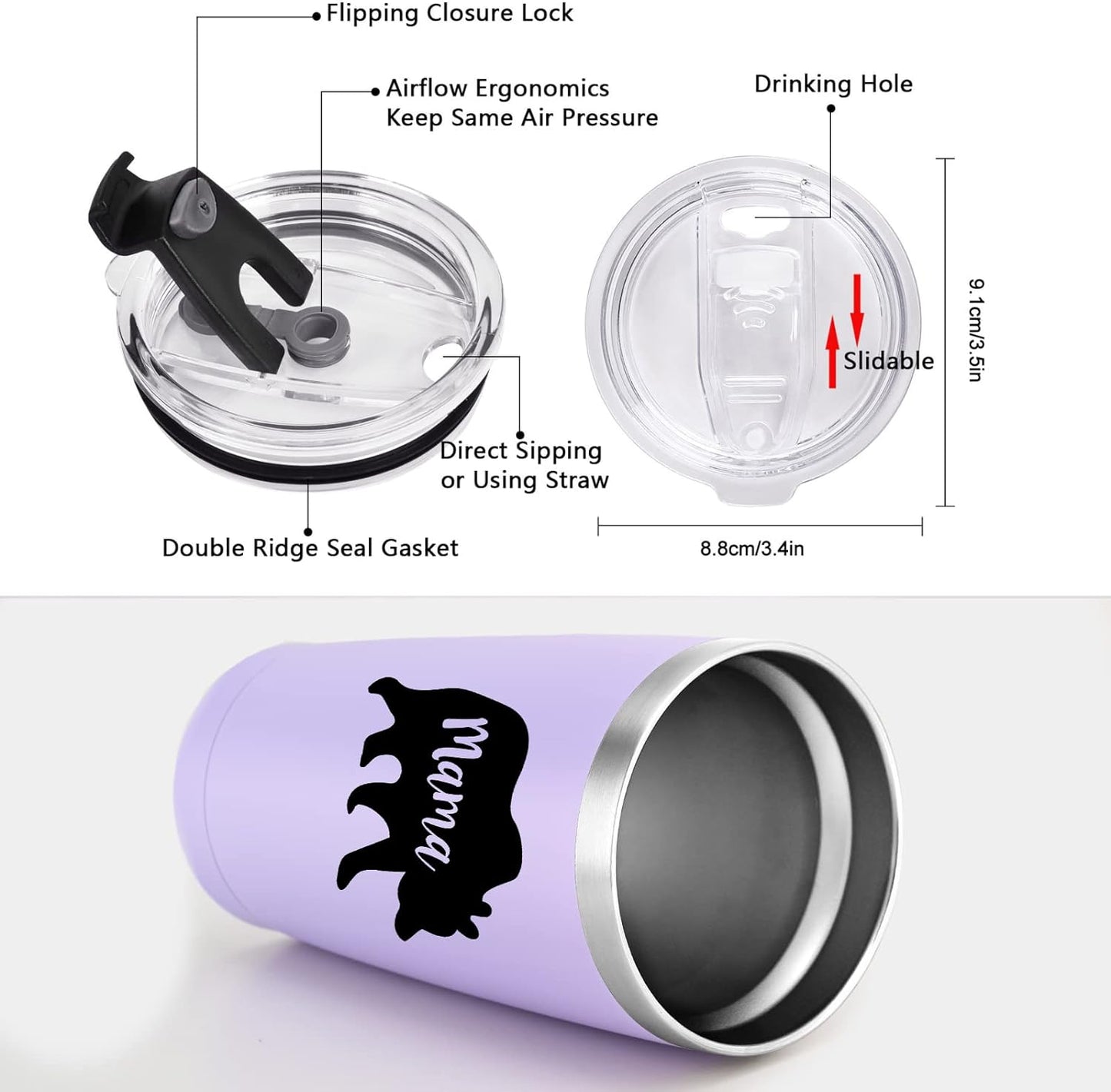 Gingprous 20 oz "Mama" Stainless Steel Tumblers with Lids Straws, Double Wall Travel Tumblers, Vacuum Insulated Tumblers , Mothers Day Birthday Christmas Gifts,Purple
