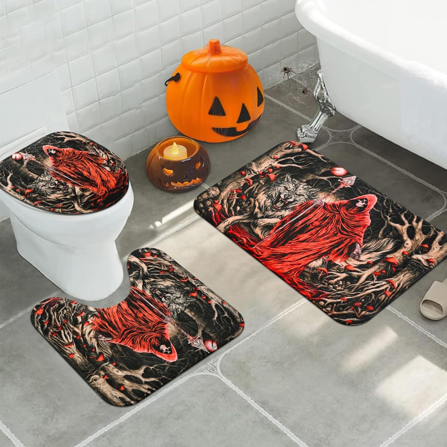 FRAMICS Halloween Death Shower Curtain Sets with Rugs, 16 Pc Goth Scary Skull Bathroom Sets, Red Waterproof Fabric Shower Curtain with 12 Hooks and Toilet Rugs