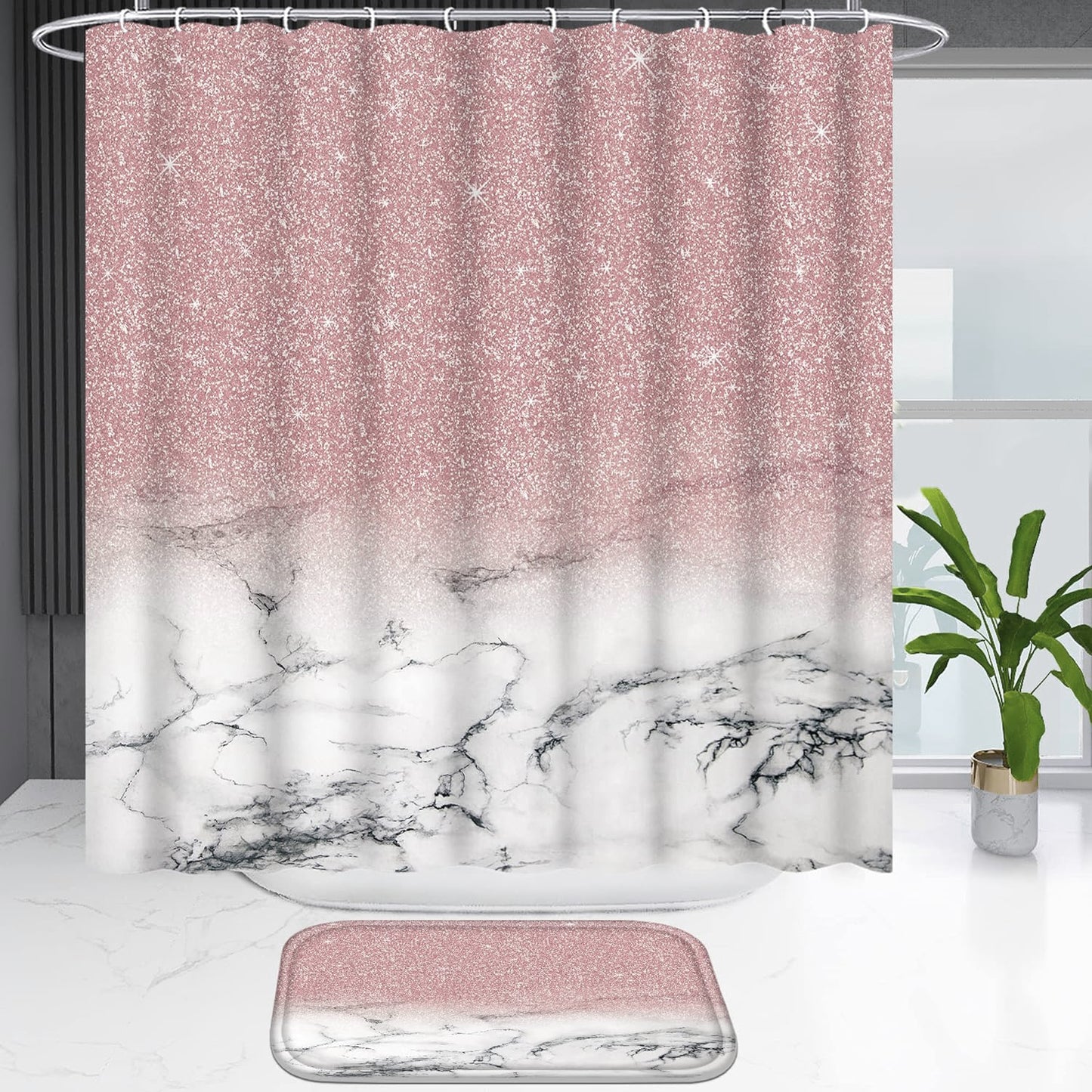 FRAMICS Pink Shiny (No Glitter) Marble Shower Curtain and Rug Sets, 16-Piece Modern Bathroom Sets, Waterproof Fabric Shower Curtain with 12 Hooks and Toilet Rugs