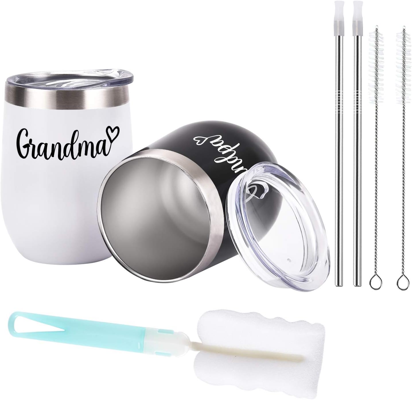 Gingprous 12 oz Grandpa and Grandma Wine Tumbler Set, Insulated Stainless Steel Tumbler with Lid , Black&White