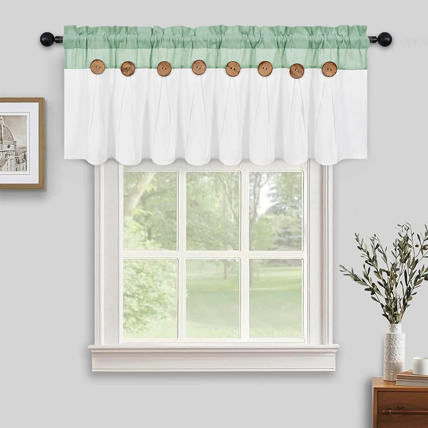 Alishomtll Linen Valance Farmhouse Boho Button Kitchen Curtains ,Rod Pocket,18"L x 52"W, Teal White