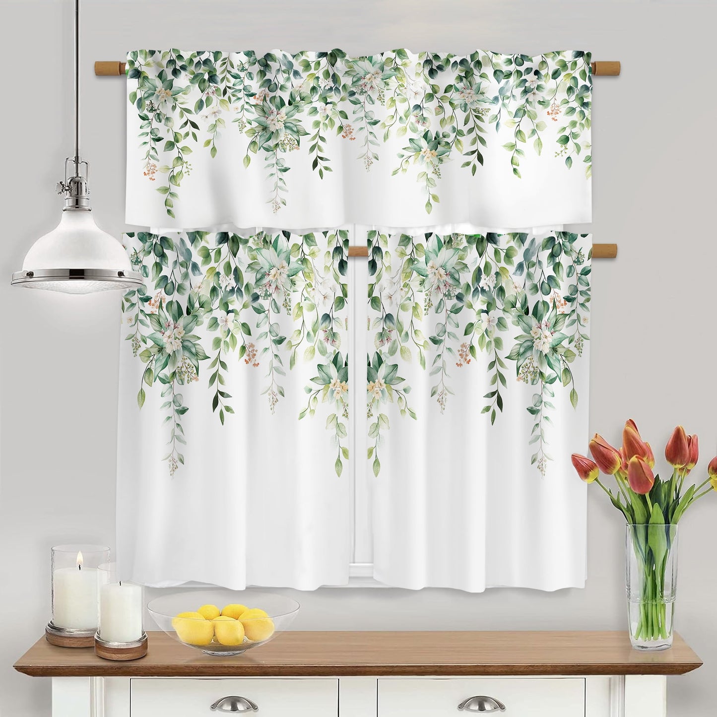 Alishomtll Green Valance Curtains for Living Room Bedroom Kitchen Windows Watercolor Floral Print ,52 x 18 inch,Rod Pocket