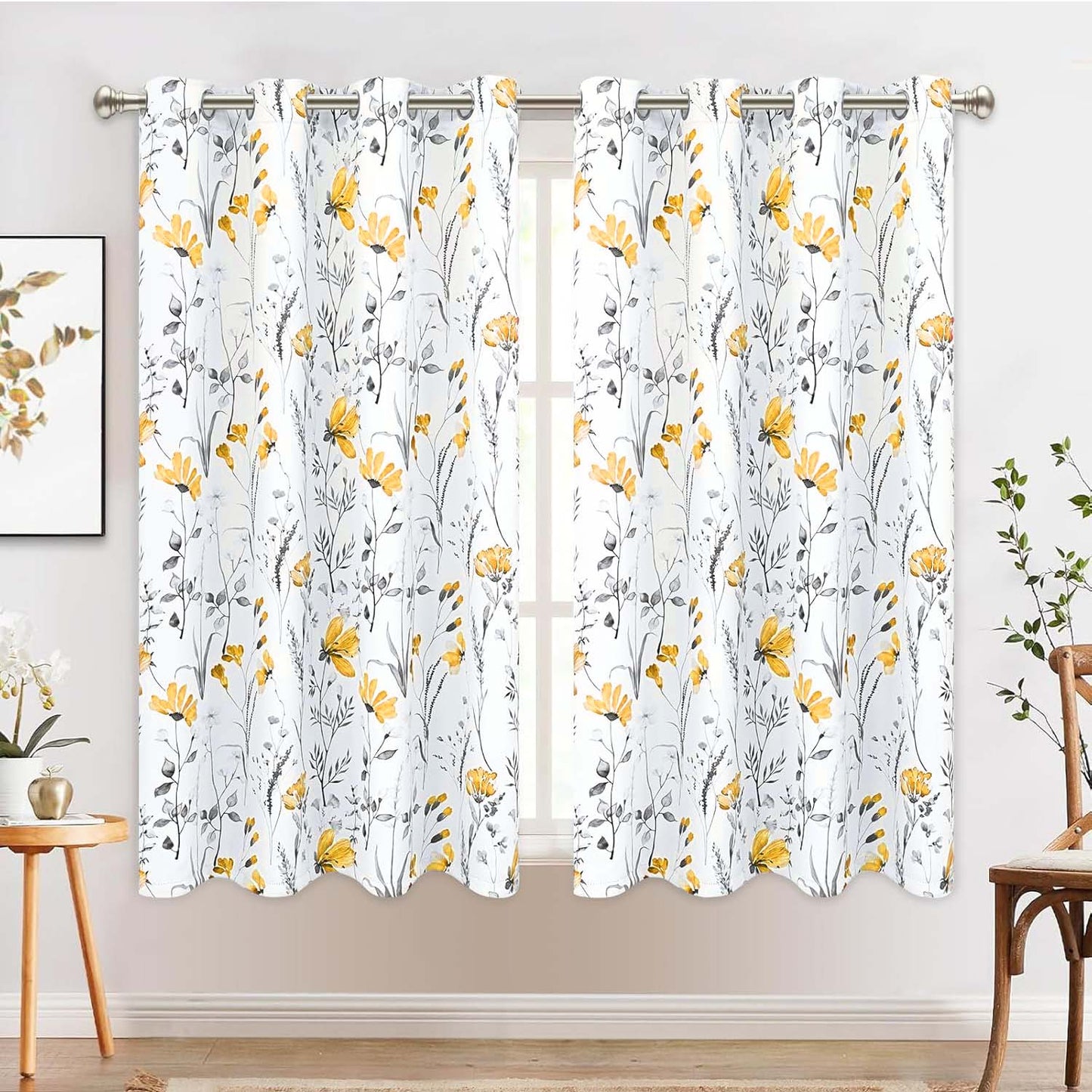 Alishomtll Yellow Floral Blackout Curtains for Living Room Bedroom Energy Efficient Thermal Insulated Grommet Window Drapes, 52"x 63",Set of 2
