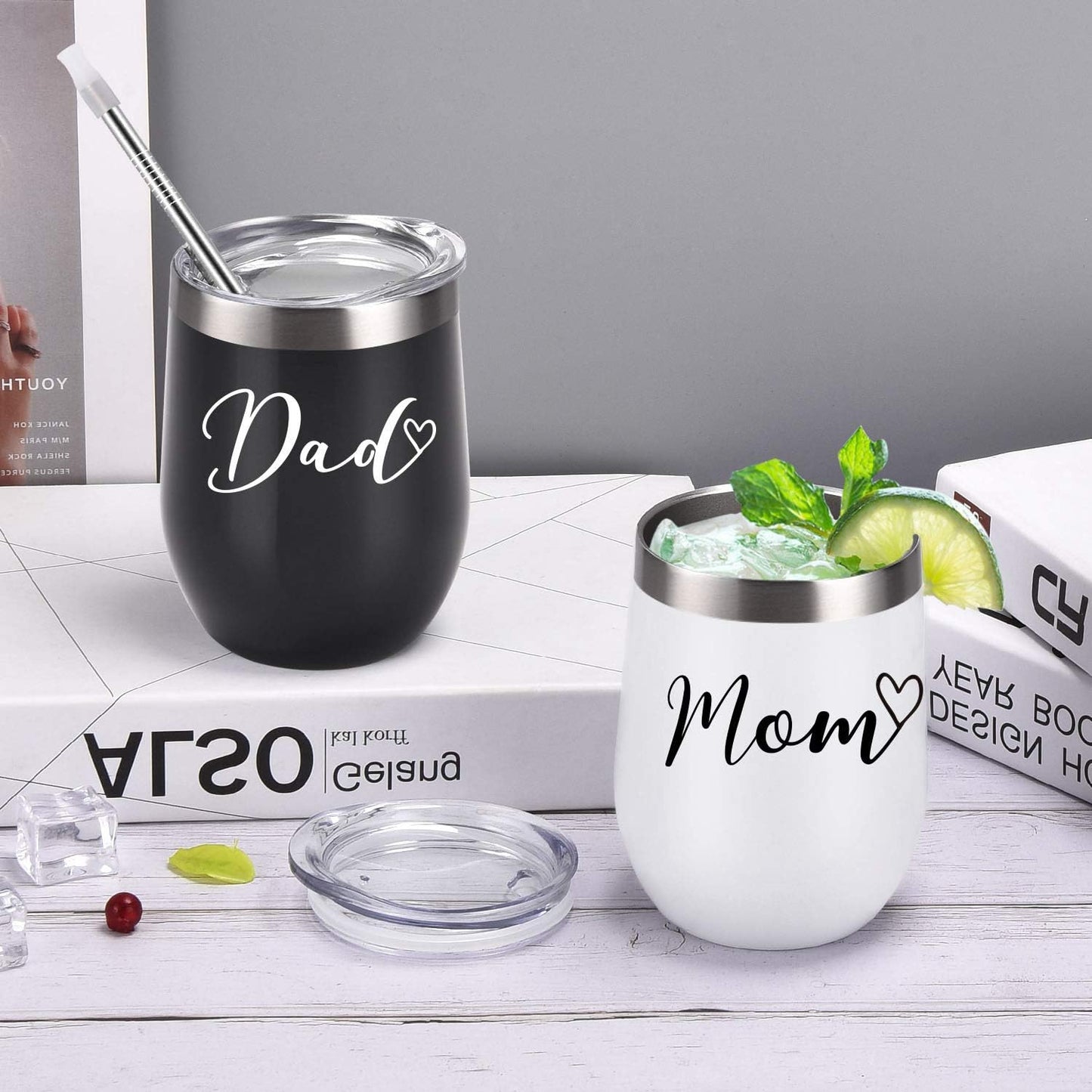 Gingprous 12oz Stainless Steel Wine Tumbler with Lid , Mom and Dad Insulated Tumbler Set , Funny Christmas Gifts , Black and White
