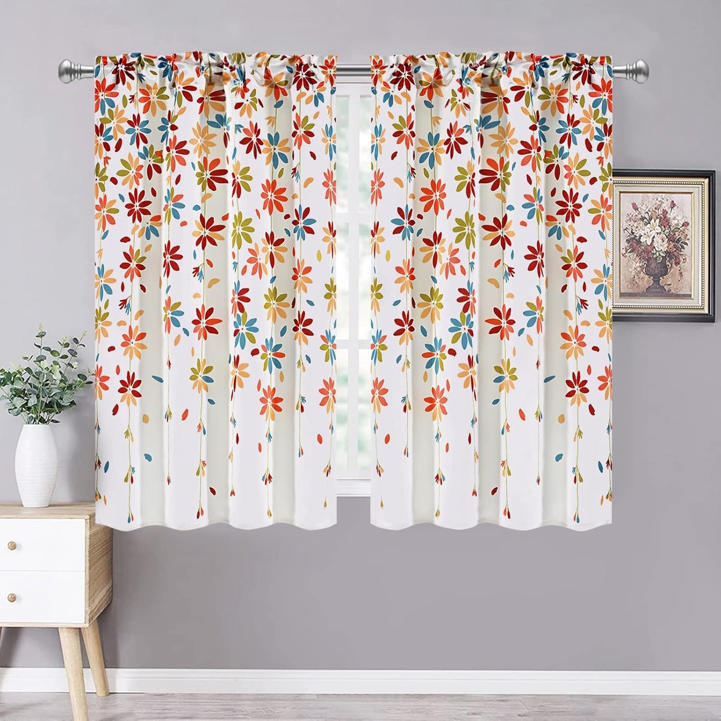 Alishomtll Falling Flower Kitchen Curtains Sets Tier Light Filtering Small Window Drapes Rod Pocket ,26"Wx36"L,2 Panels,Orange