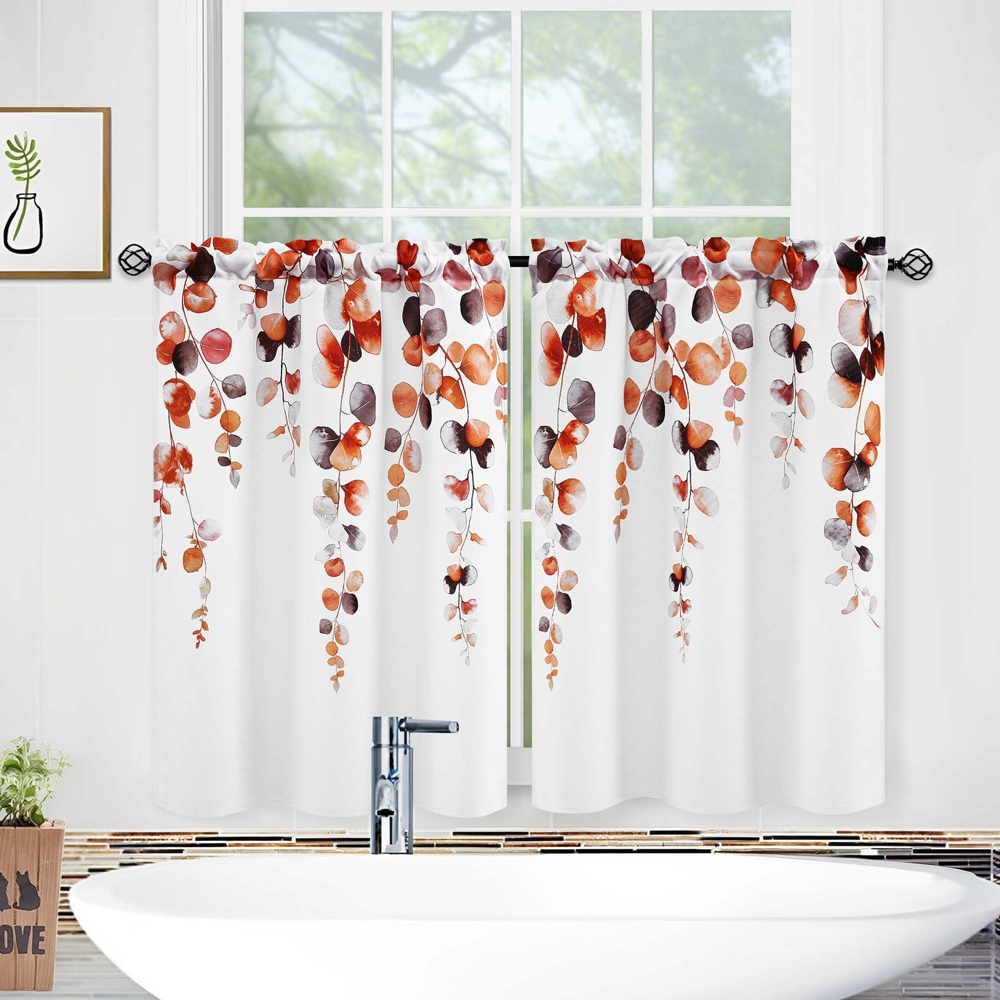 Alishomtll Fall Autumn Valance Curtains for Living Room Bedroom Kitchen Windows Grey Orange Watercolor Leaves Print ,52 x 18 inch,Rod Pocket