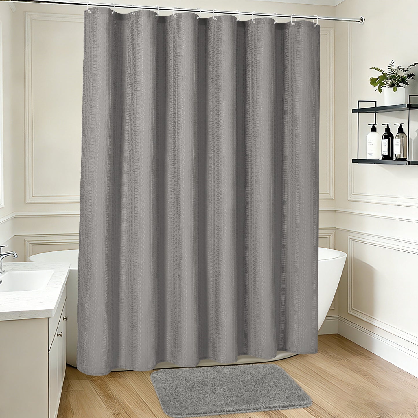 FRAMICS Waffle Shower Curtain Sets with Rug and Hooks, 14-Piece Thick Weighted Fabric Bathroom Sets, Wrinkle and Mildew-Resistant, Gray