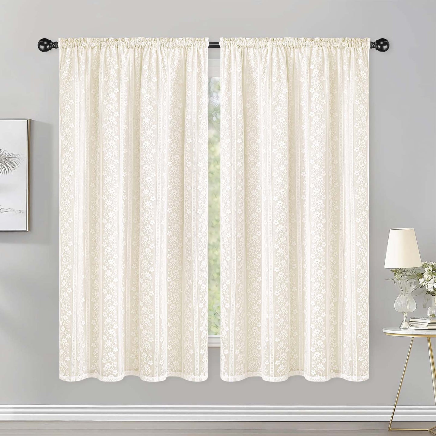 Alishomtll Beige Linen Curtains with Lace Sheer 84 Inches Long, Double Layer Light Filtering Window Drapes for Bedroom Living Room,W52 X L84,2 Panels