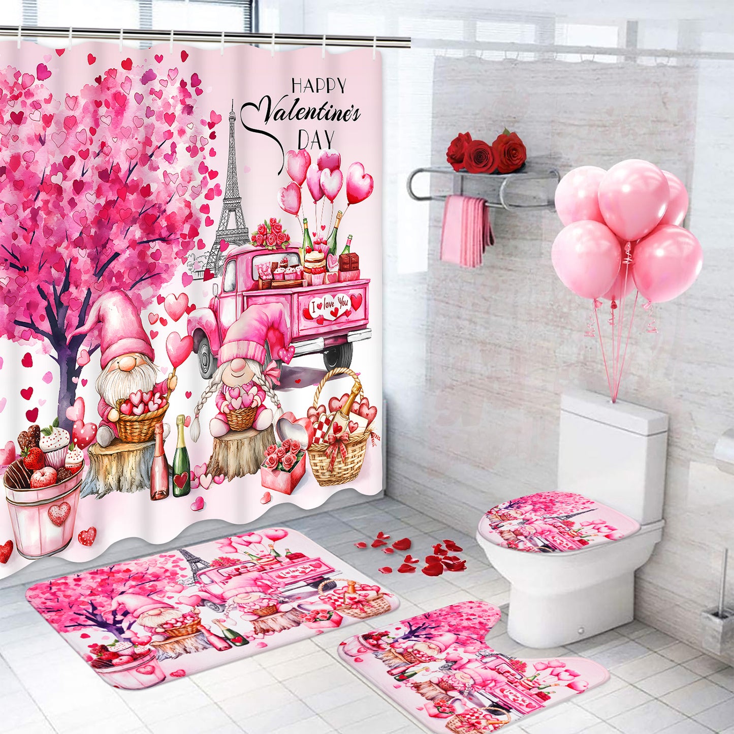 FRAMICS Happy Valentine's Day Shower Curtain Sets with Rugs, 16 Pc Pink Gnome Truck Bathroom Sets, Love Heart Tree Waterproof Fabric Bathroom Curtain Decor with Hooks
