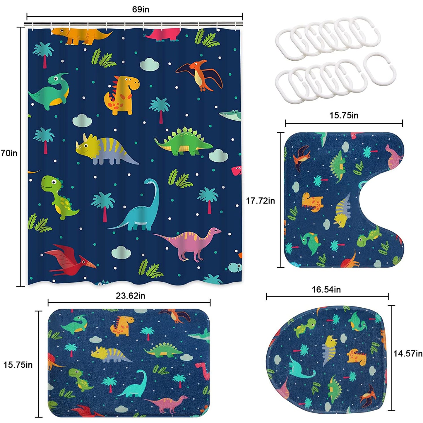 FRAMICS 16 Pc Kids Cartoon Dinosaur Shower Curtain and Rug Sets, Blue Cute Bathroom Sets, Waterproof Fabric Shower Curtain with 12 Hooks and Toilet Rugs