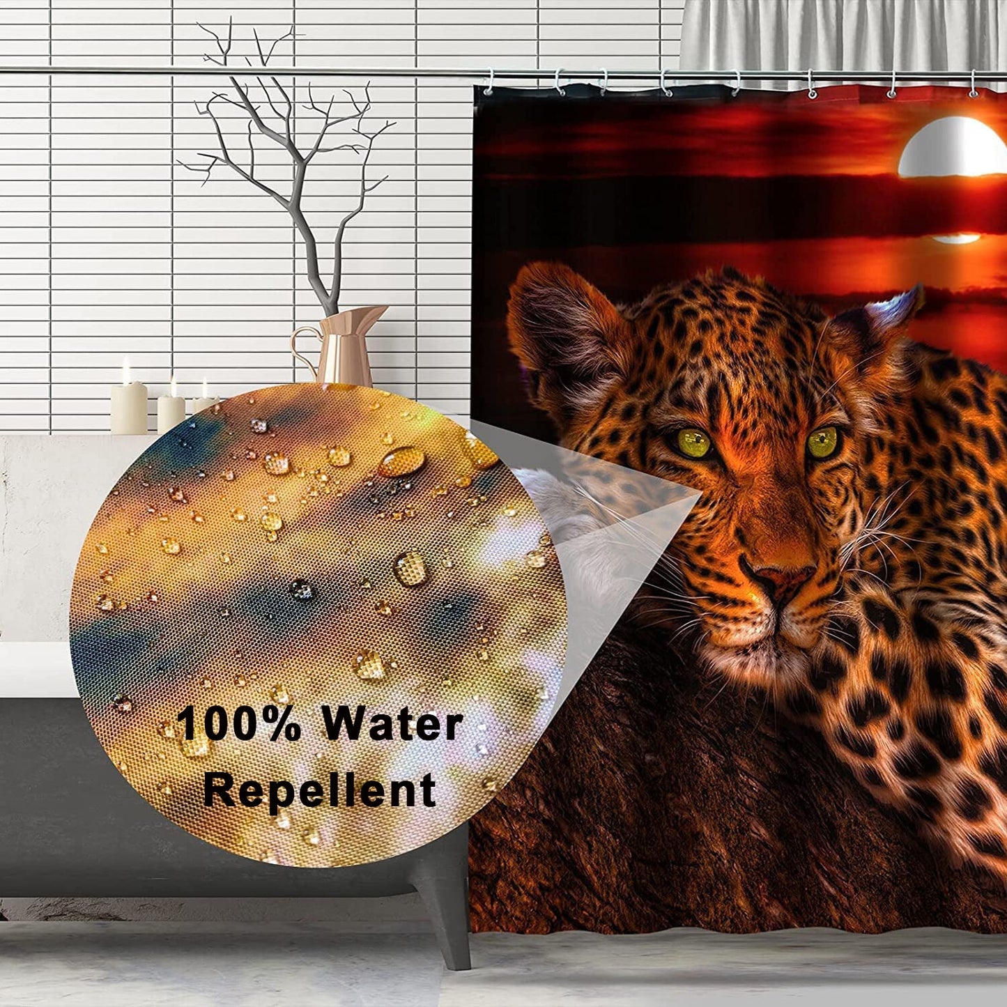 FRAMICS Leopard Cheetah Shower Curtain and Rug Sets, 16 Pc Brown Moon Bathroom Sets, Waterproof Fabric Shower Curtain with 12 Hooks and Toilet Rugs