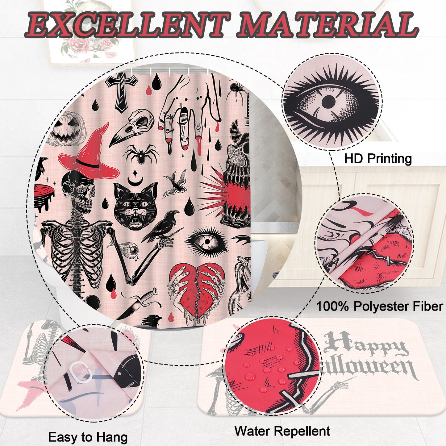 FRAMICS Halloween Shower Curtain Sets with Rugs, 16 Pc Scary Spooky Skeleton Devil Bat Bathroom Sets, Cute Pink Waterproof Fabric Shower Curtain with 12 Hooks and Toilet Rugs