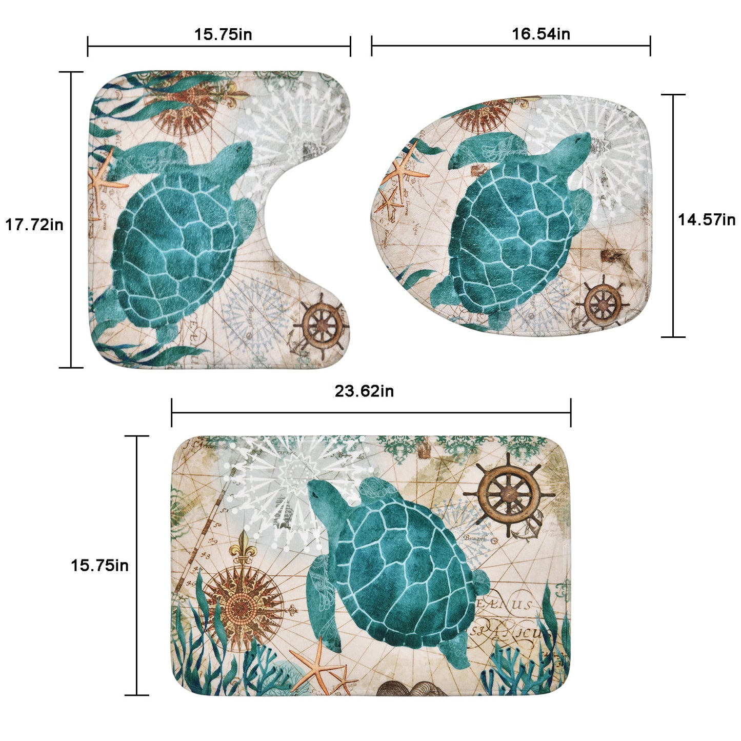 FRAMICS Sea Turtle Shower Curtain and Rug Sets, 16 Pc Blue Nautical Ocean Bathroom Sets, Waterproof Fabric Shower Curtain with 12 Hooks and Toilet Rugs