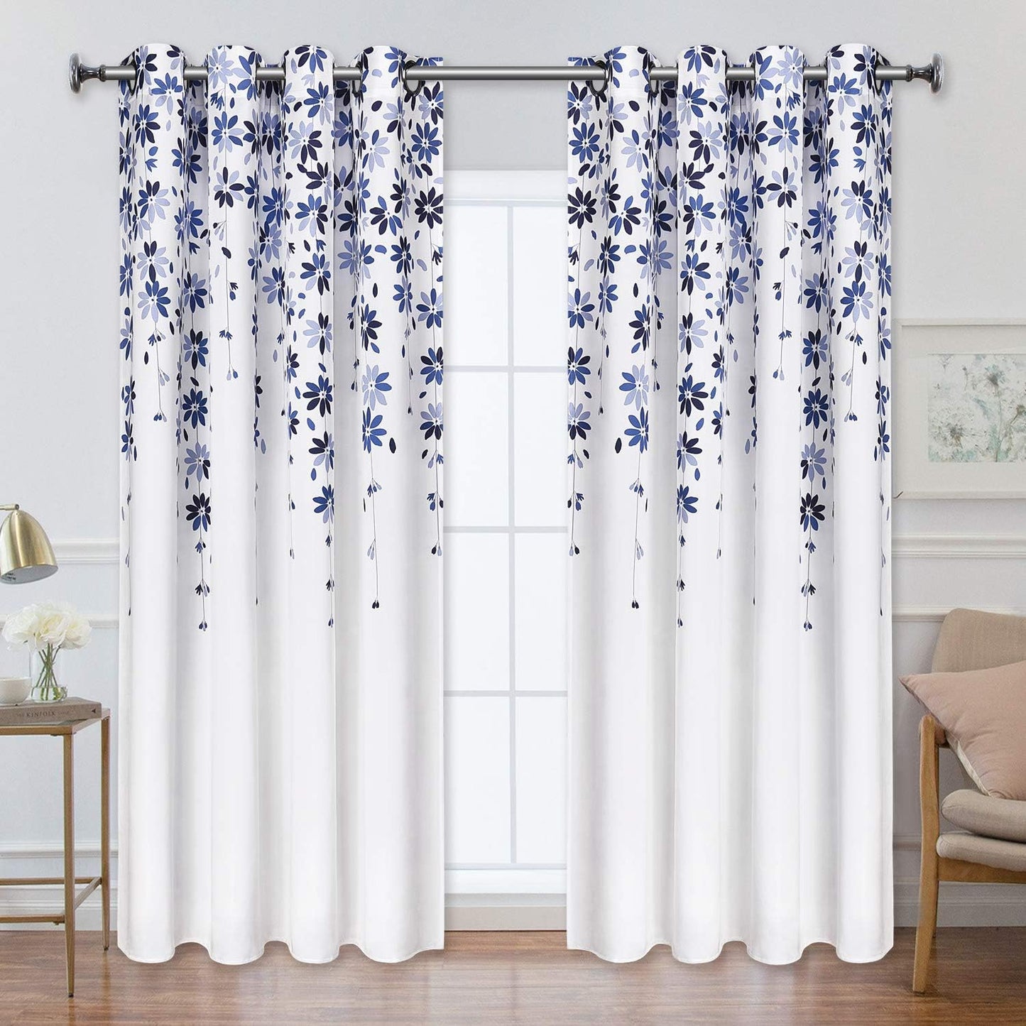 Alishomtll Falling Flower Window Curtain Grommet Light Filtering Drapes for Bedroom Living Room, Set of 2