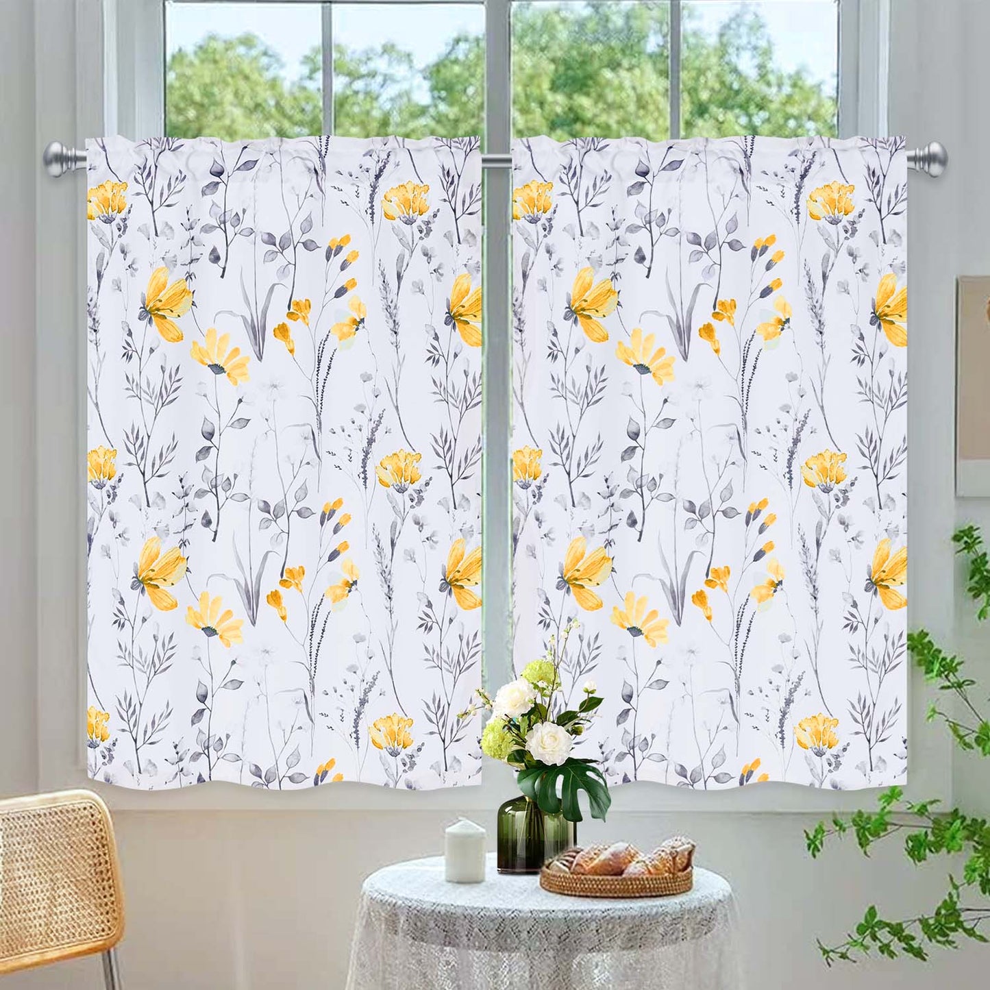 Alishomtll Kitchen Curtains Yellow Floral Light Filtering Small Window Kitchen Curtains Sets ,26"Wx36"L,2 Panels,Rod Pocket