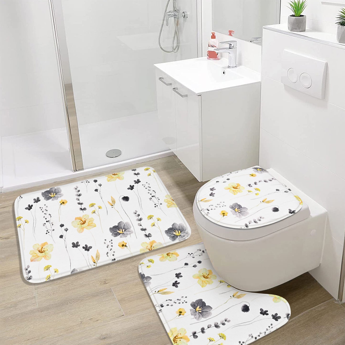 FRAMICS Yellow Grey Floral Shower Curtain Sets, 16 Pc Watercolor Flower Bathroom Sets with Rugs, Modern Minimalist White Waterproof Fabric Bathroom Curtain Decor with Hooks
