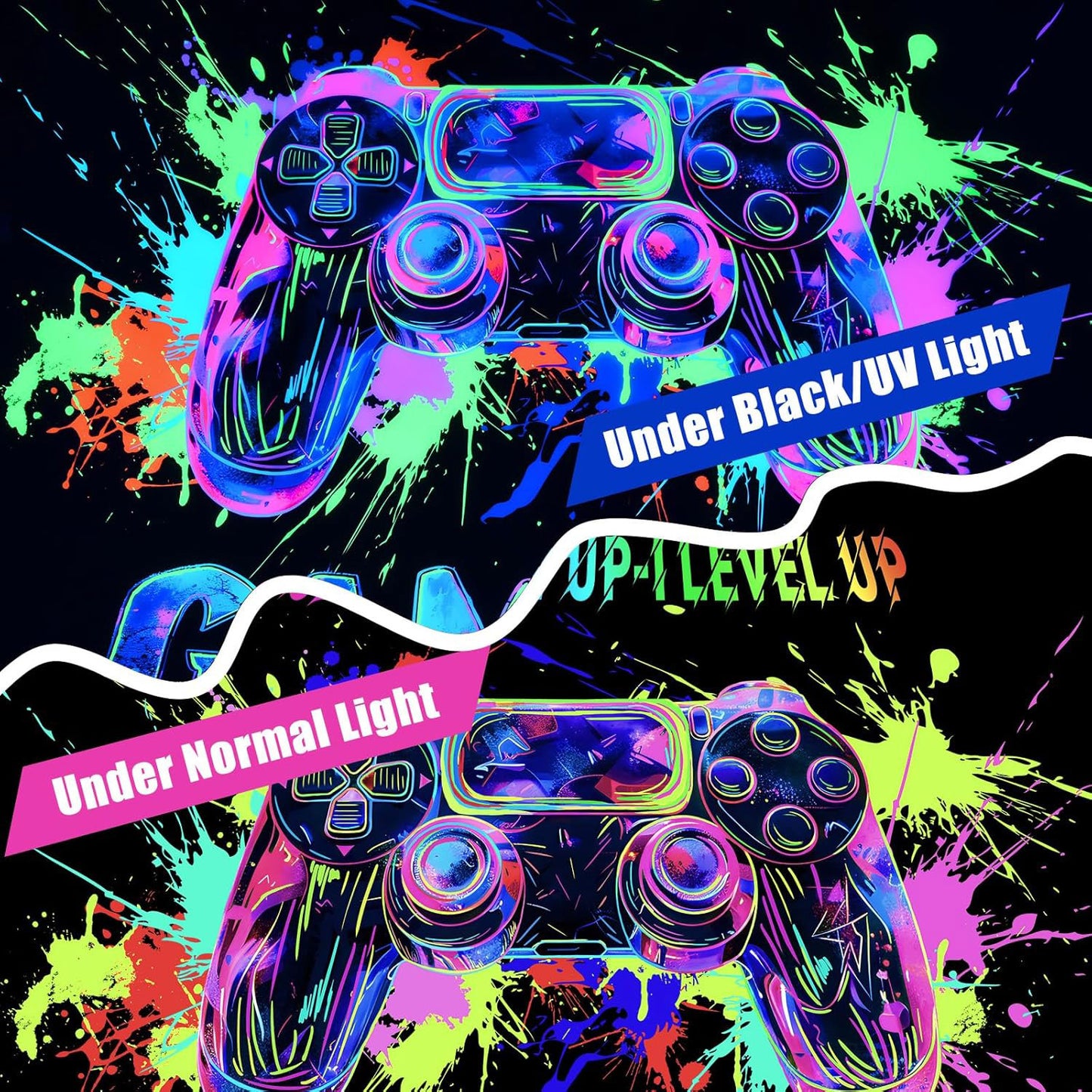 FRAMICS Blacklight Gaming Shower Curtain Sets with Rugs, 16 Pc Videogames Gamepad Bathroom Sets, Waterproof Fabric Bathroom Curtain Decor with Hooks for Boys Kids