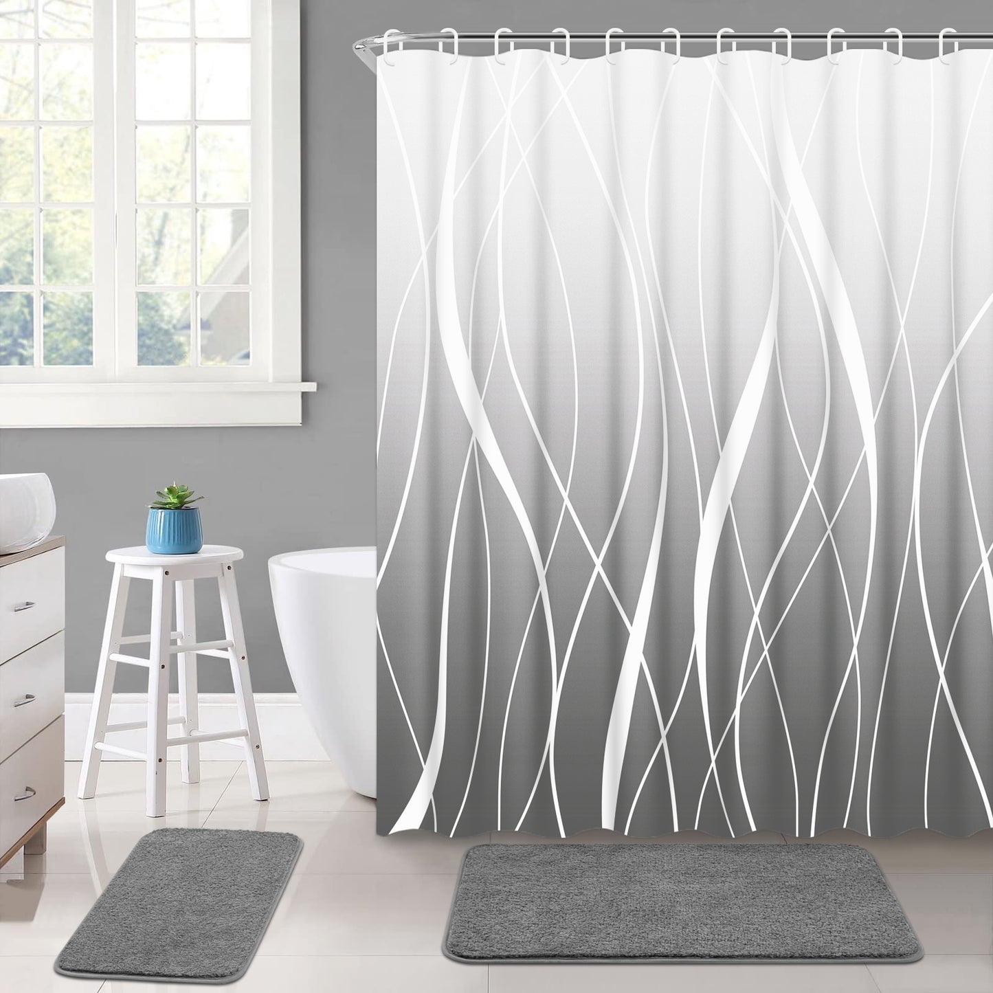 FRAMICS 15-Piece Ombre Gray Shower Curtain Sets with Rugs, Waterproof Fabric Striped Gradient Bathroom Sets, 72" x 72"