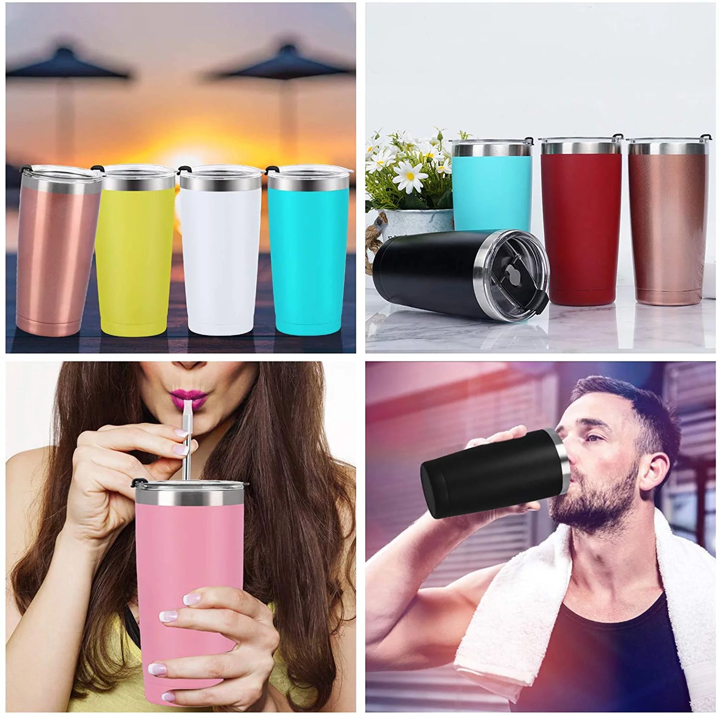 Gingprous 8 Pack 20 Oz Stainless Steel Travel Tumblers with Lids Straws , Double Wall Vacuum Insulated Stainless Steel Tumbler with Straws for Home School Office Camping, Powder Coated Coffee Cup, Keep Drinks Hot&Cold