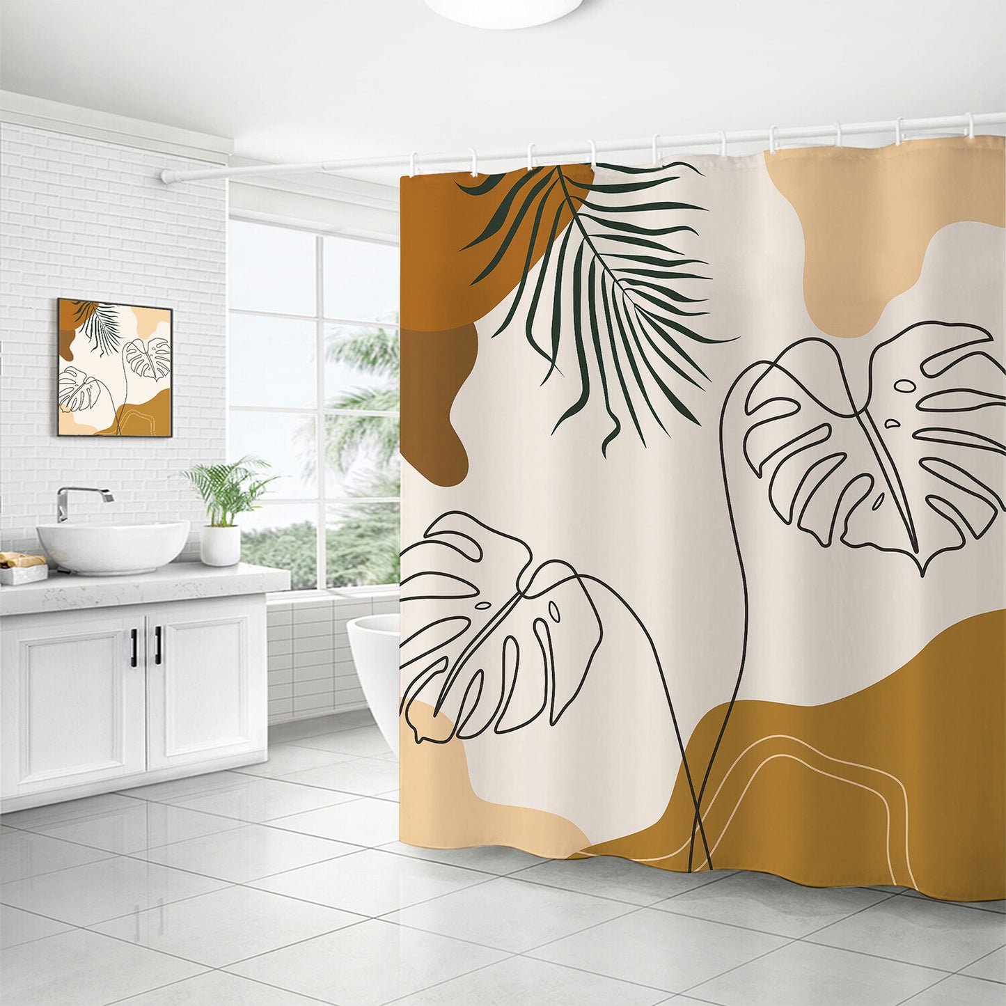 FRAMICS Boho Mid Century Shower Curtain and Rug Sets, 16 Pc Modern Abstract Geometric Bathroom Sets, Brown Waterproof Fabric Shower Curtain Sets with 12 Hooks